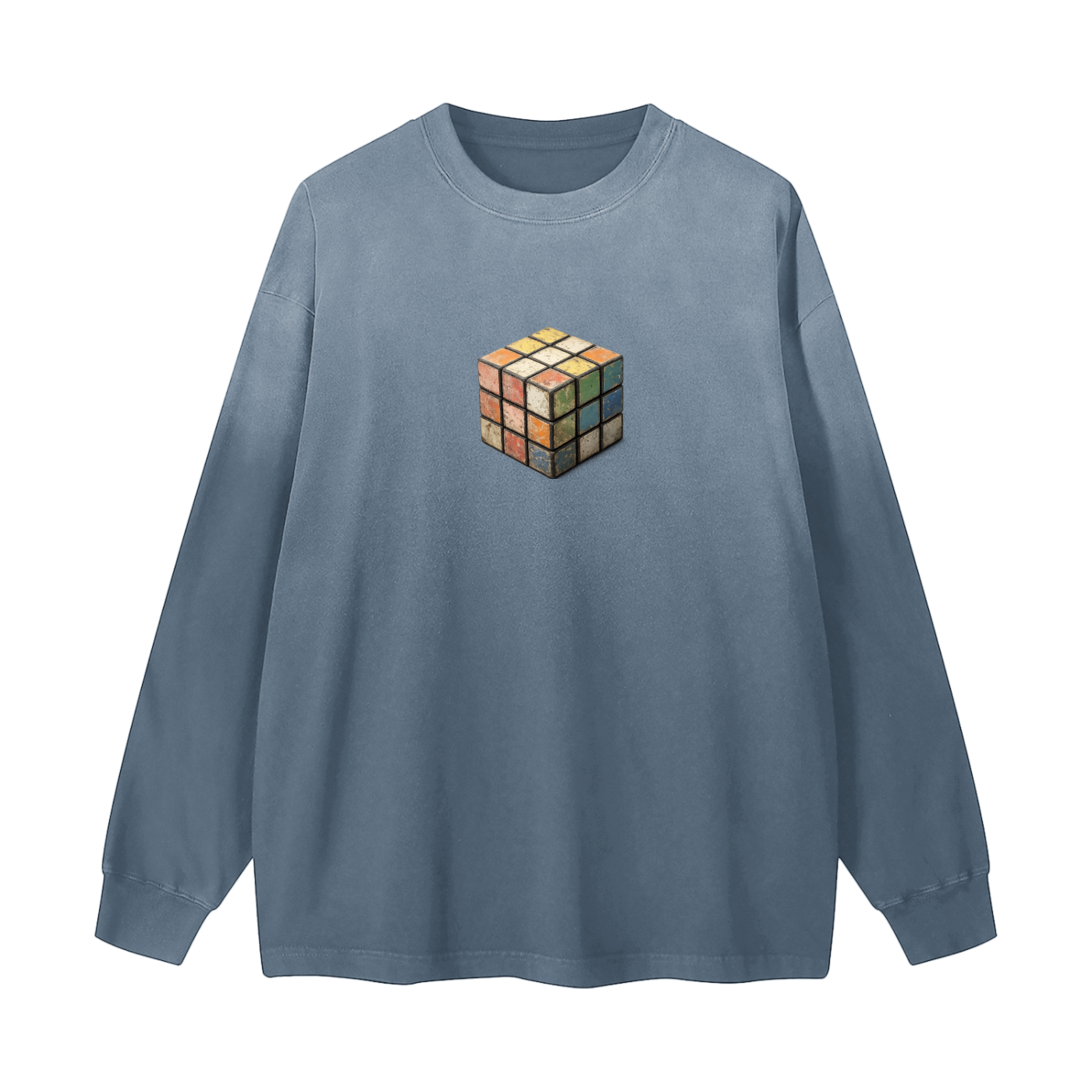 Blue long-sleeve shirt with a Rubik's Cube graphic on a white background