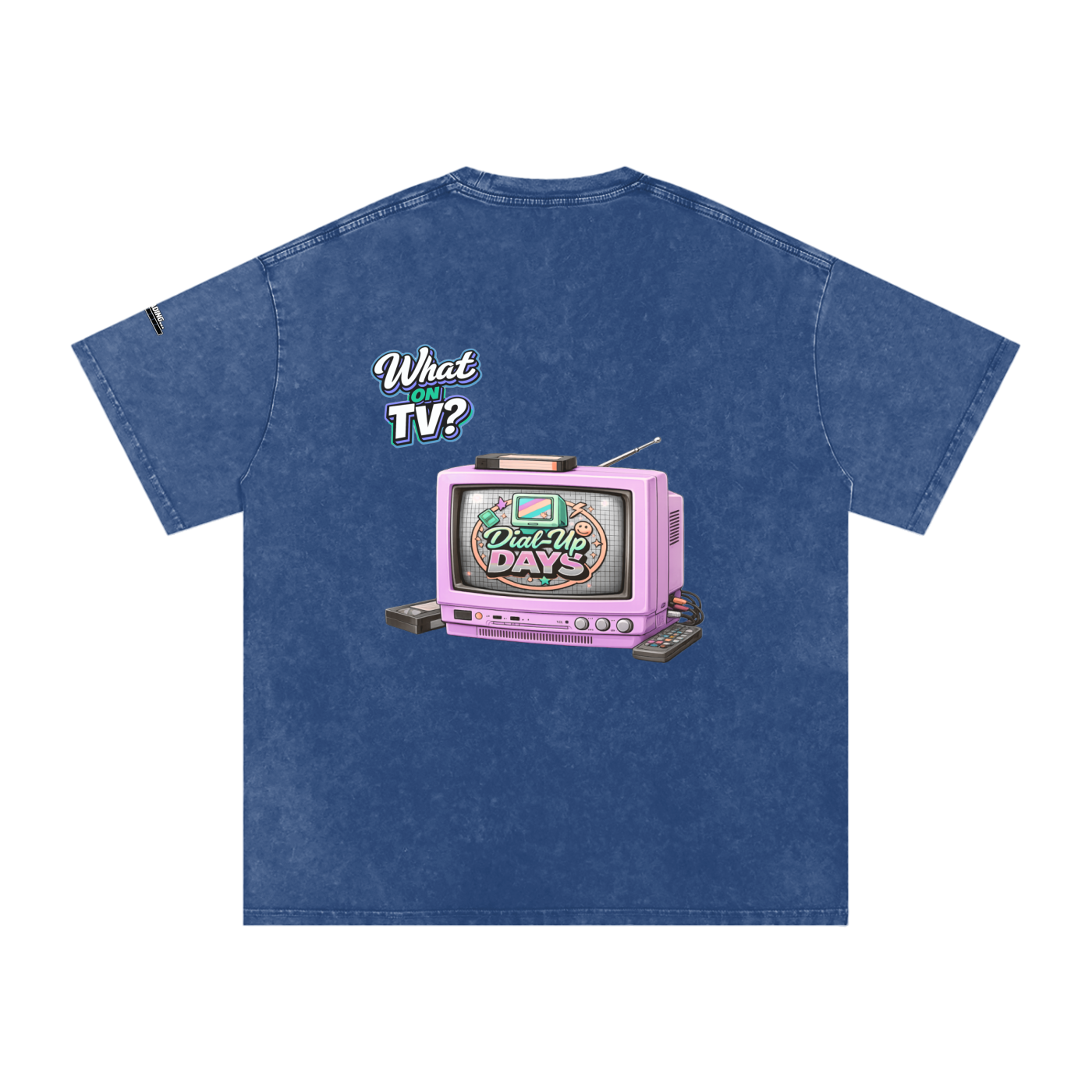 Blue t-shirt with a retro TV graphic and text on the back