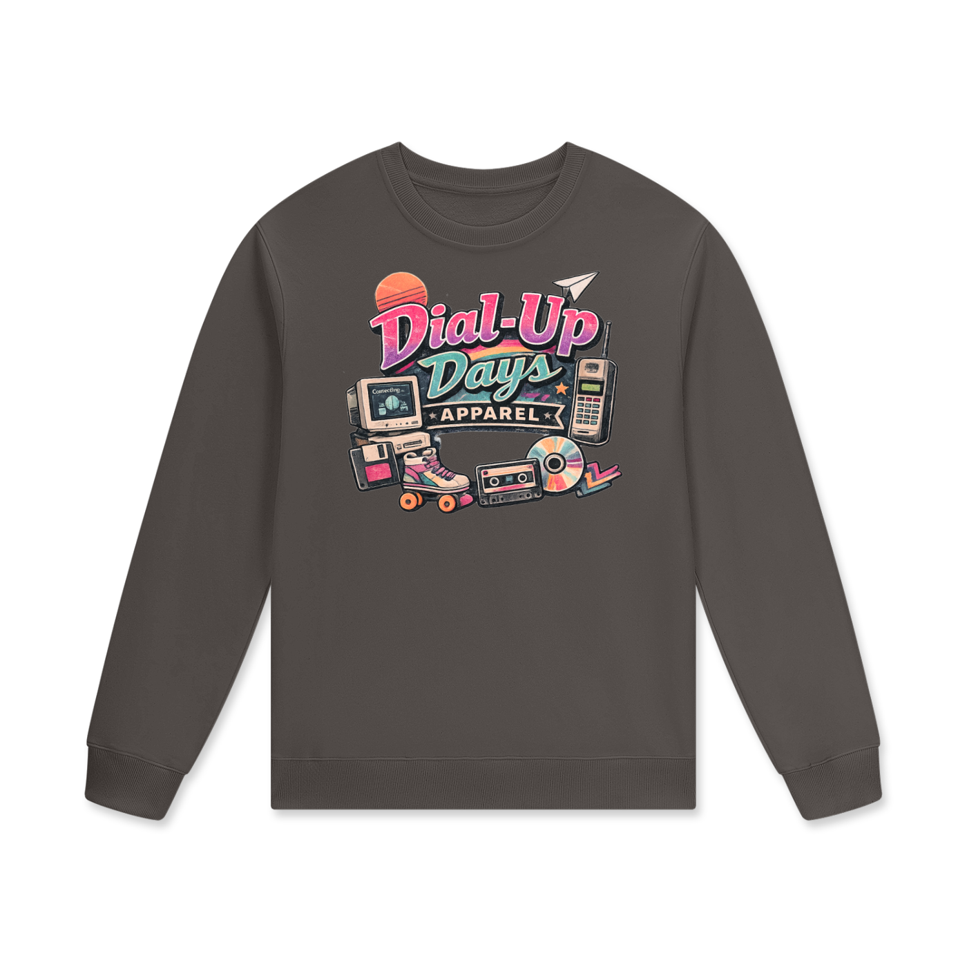Gray sweatshirt with 'Dial-Up Days Apparel' graphic on a white background