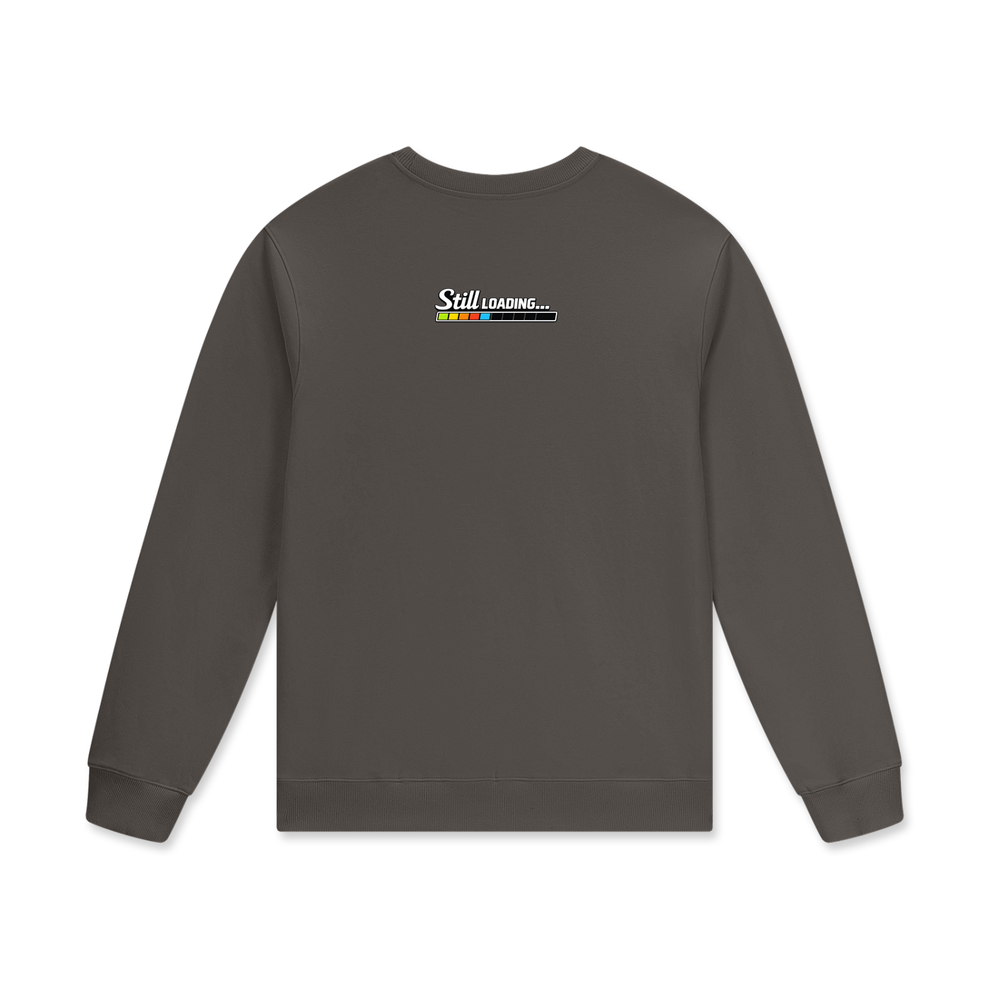 Dark gray sweatshirt with text and graphics on the back against a white background
