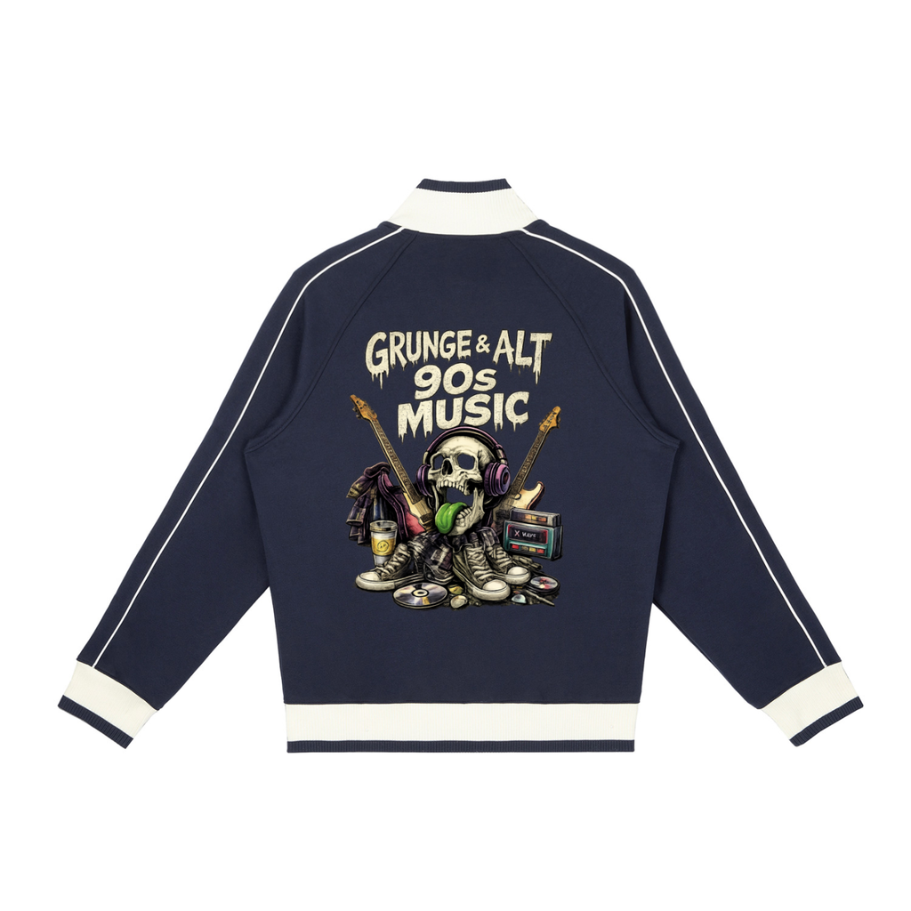 Navy blue sweatshirt with 'Grunge & Alt 90s Music' design on a white background