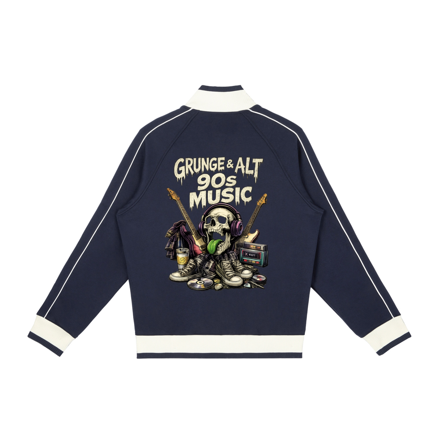 Navy blue sweatshirt with 'Grunge & Alt 90s Music' design on a white background
