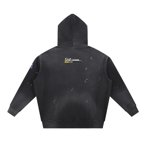 Black hoodie with 'Still Loading...' graphic on the back against a white background