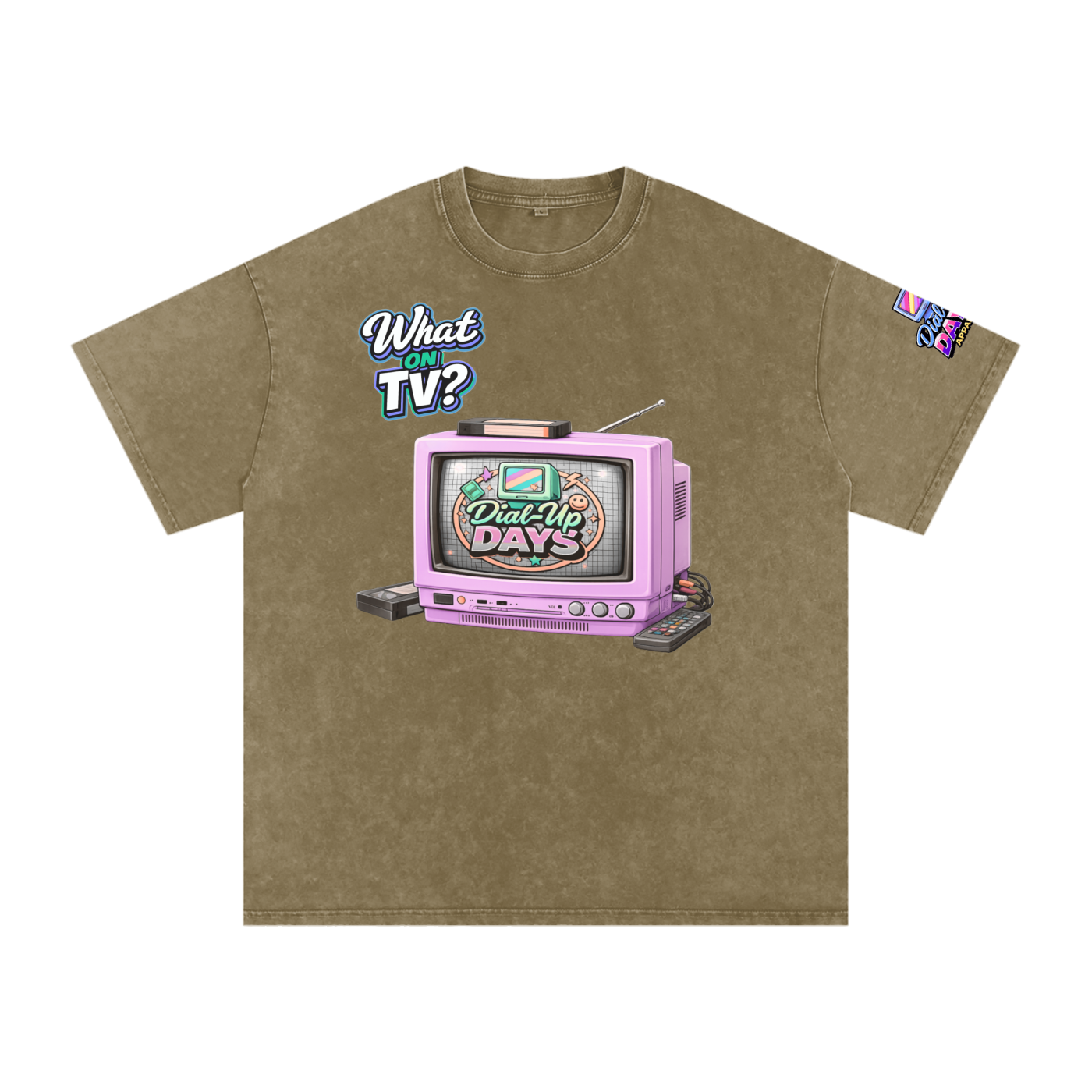 Brown t-shirt with a graphic of a vintage TV and text on a white background