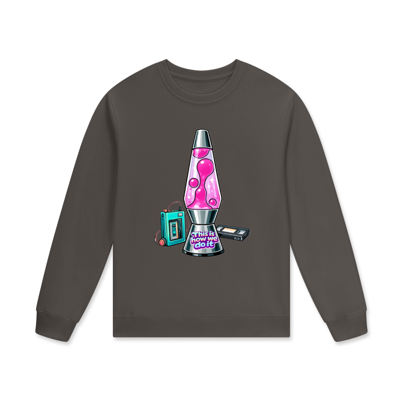 Gray sweatshirt with a pink lava lamp graphic on a white background