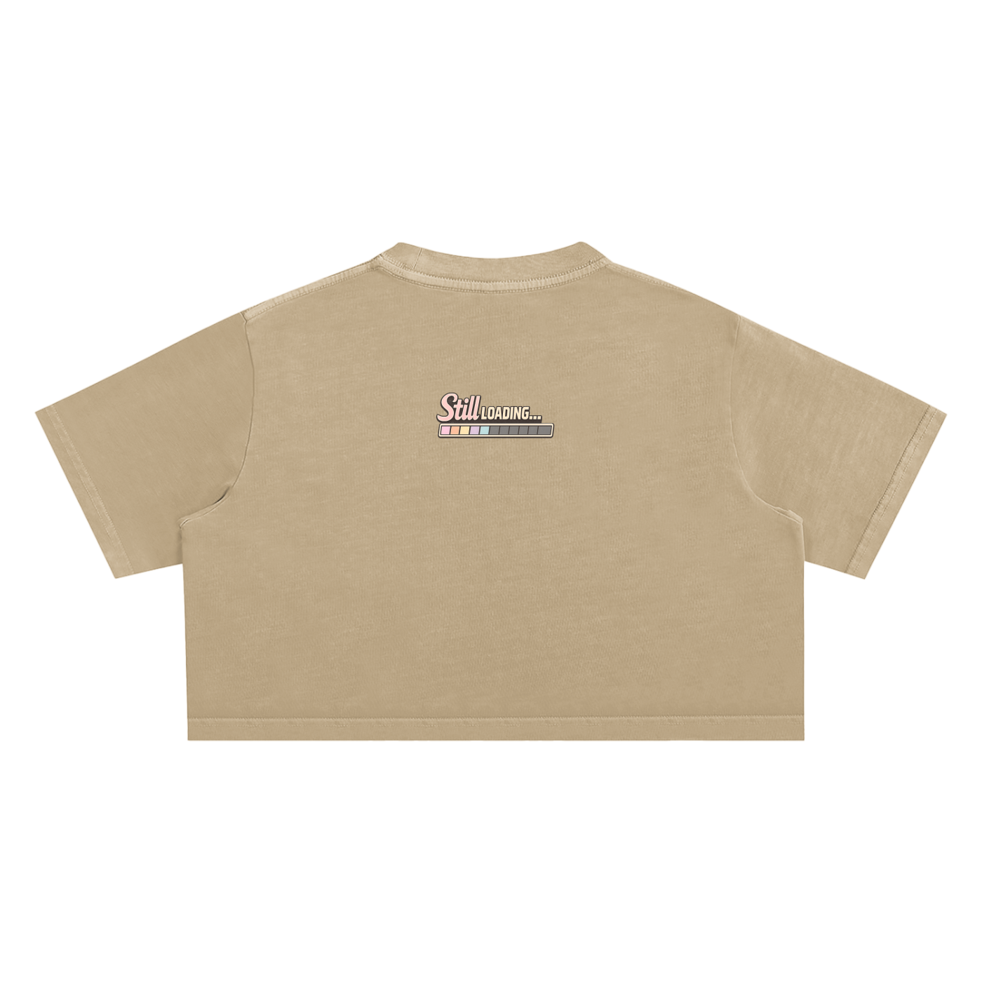 Beige crop top with a logo on the back against a white background