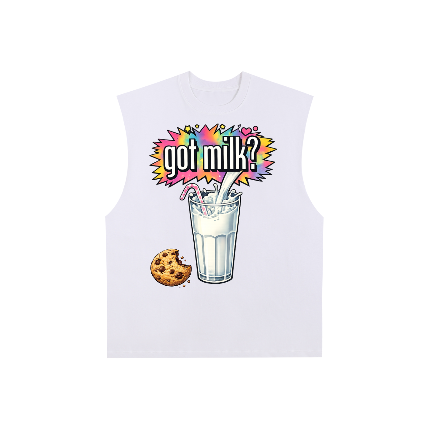 White sleeveless shirt with 'got milk?' graphic design on a white background