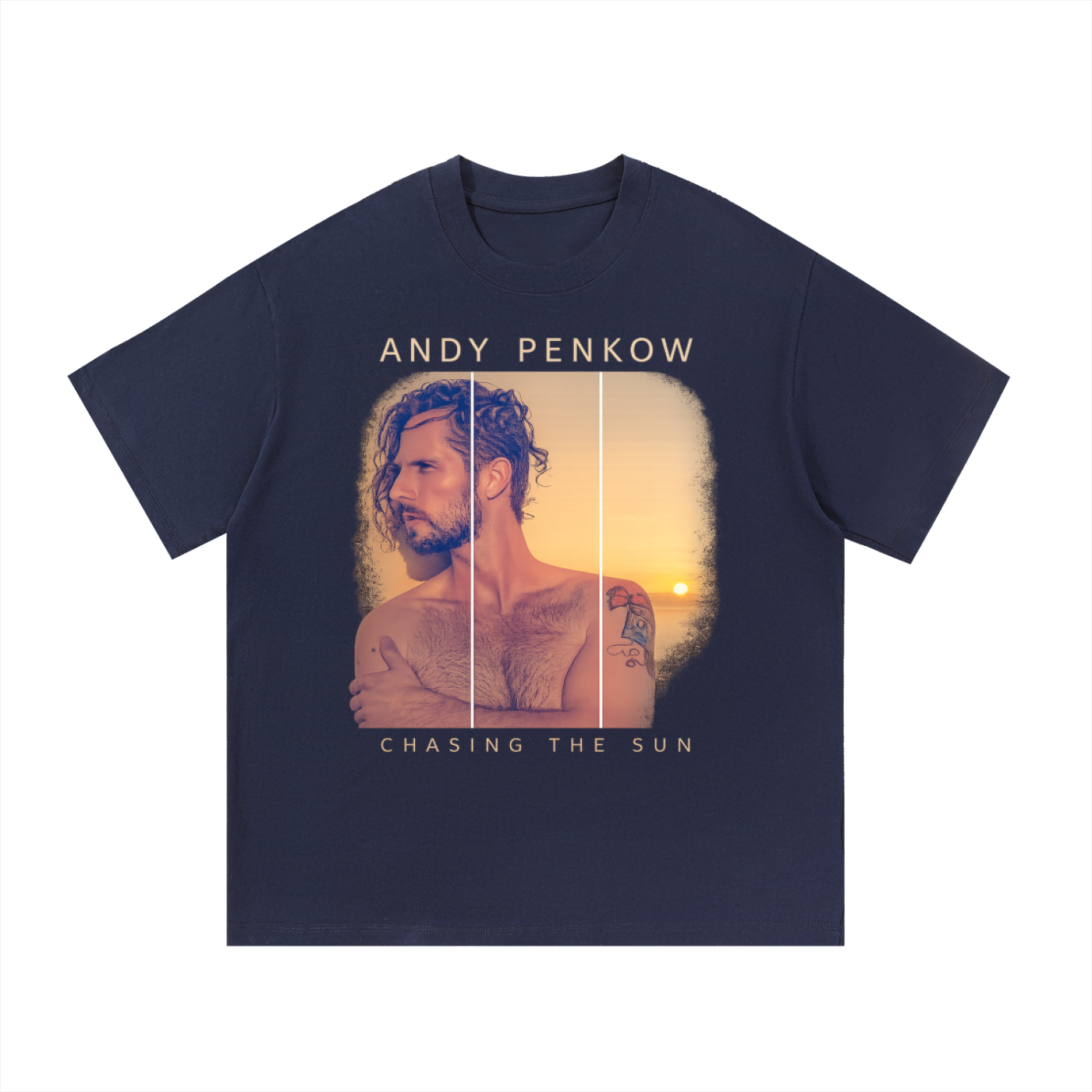 Navy blue t-shirt with a graphic of a man and 'Andy Penkow Chasing the Sun' text on a white background