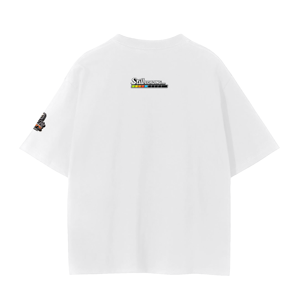 White t-shirt with colorful graphics on a white background