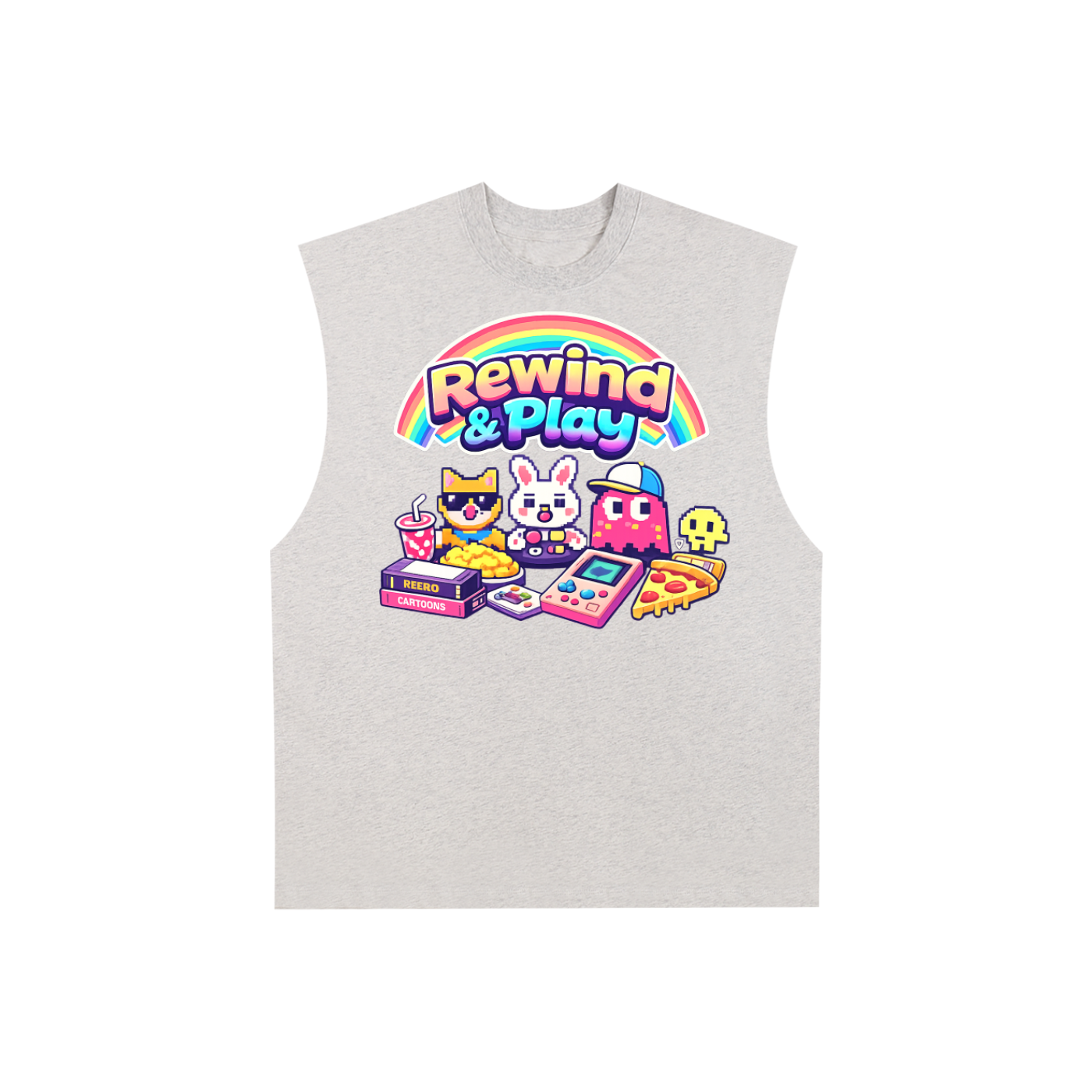 Gray sleeveless shirt with 'Rewind & Play' graphic design on a white background