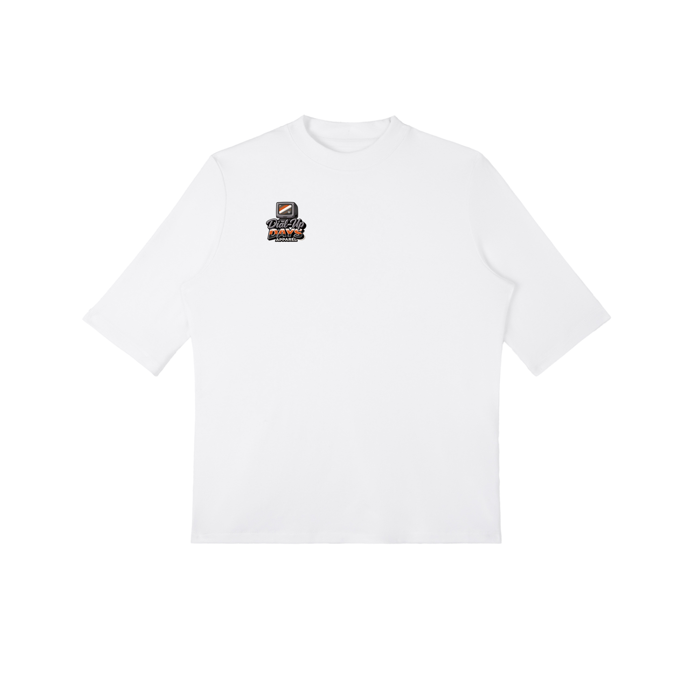 White t-shirt with a small logo on the chest against a white background