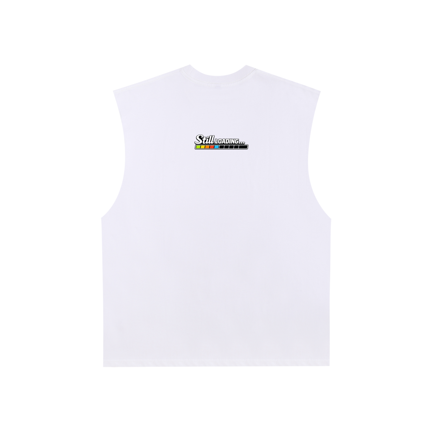 White sleeveless shirt with a logo on the chest against a white background