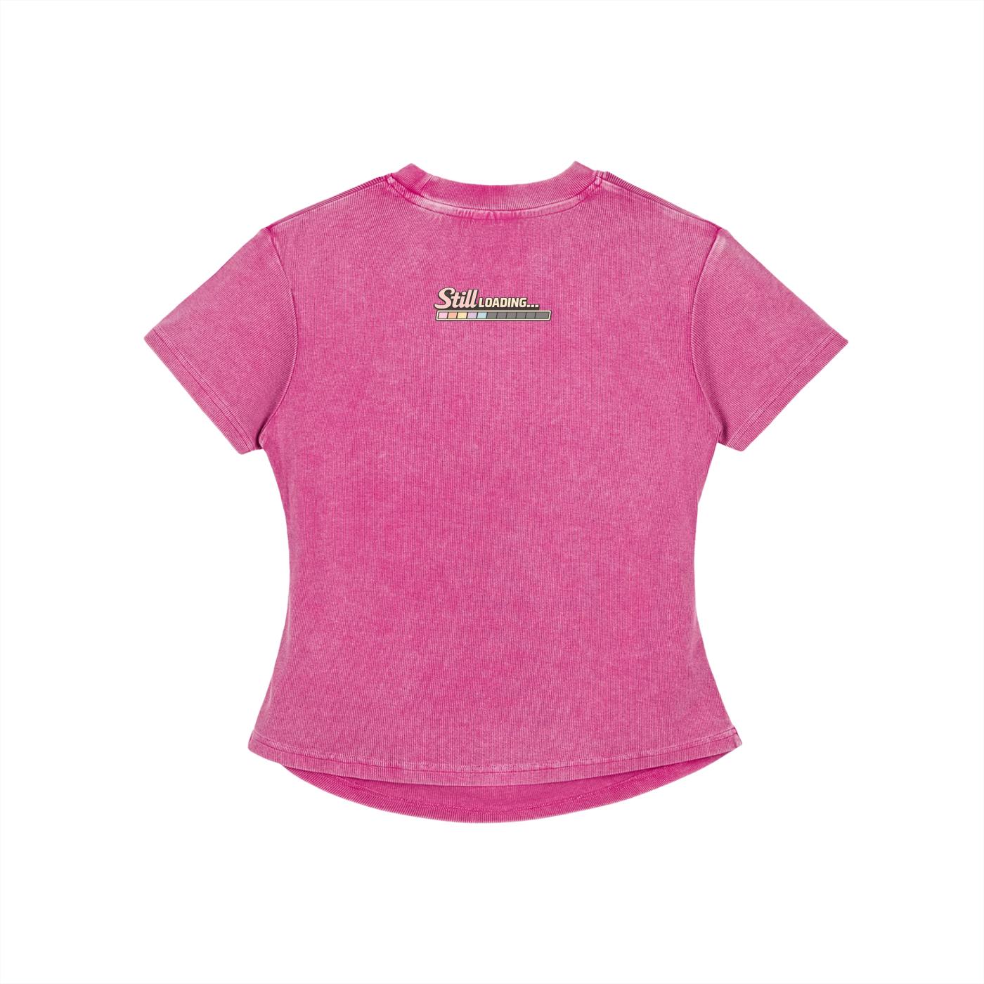 Pink t-shirt with a logo on the chest against a white background