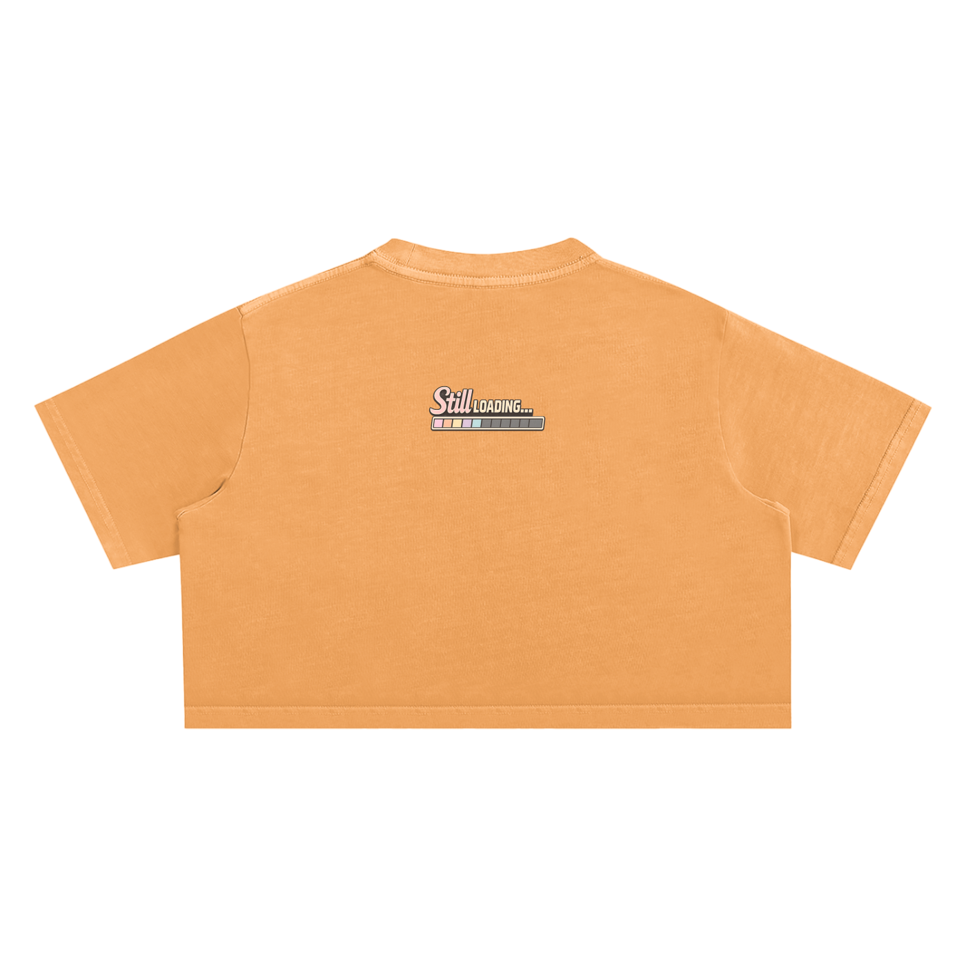Orange crop top with a logo on the back against a white background