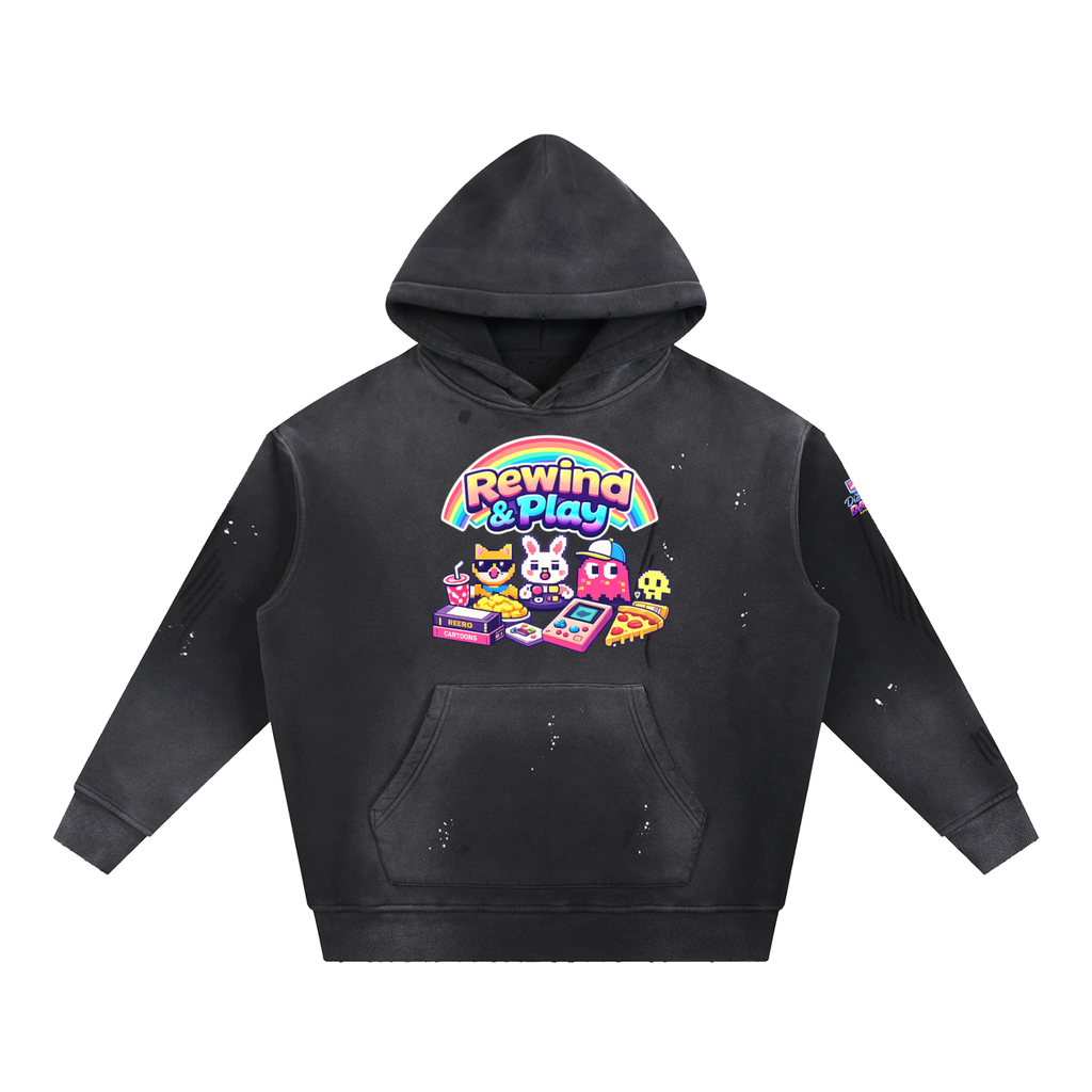 Black hoodie with colorful graphic design on a white background