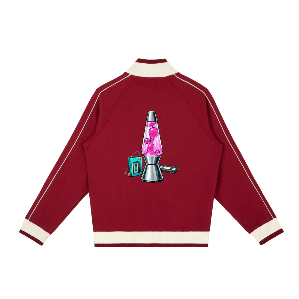 Red sweatshirt with a graphic of a lava lamp on the back against a white background