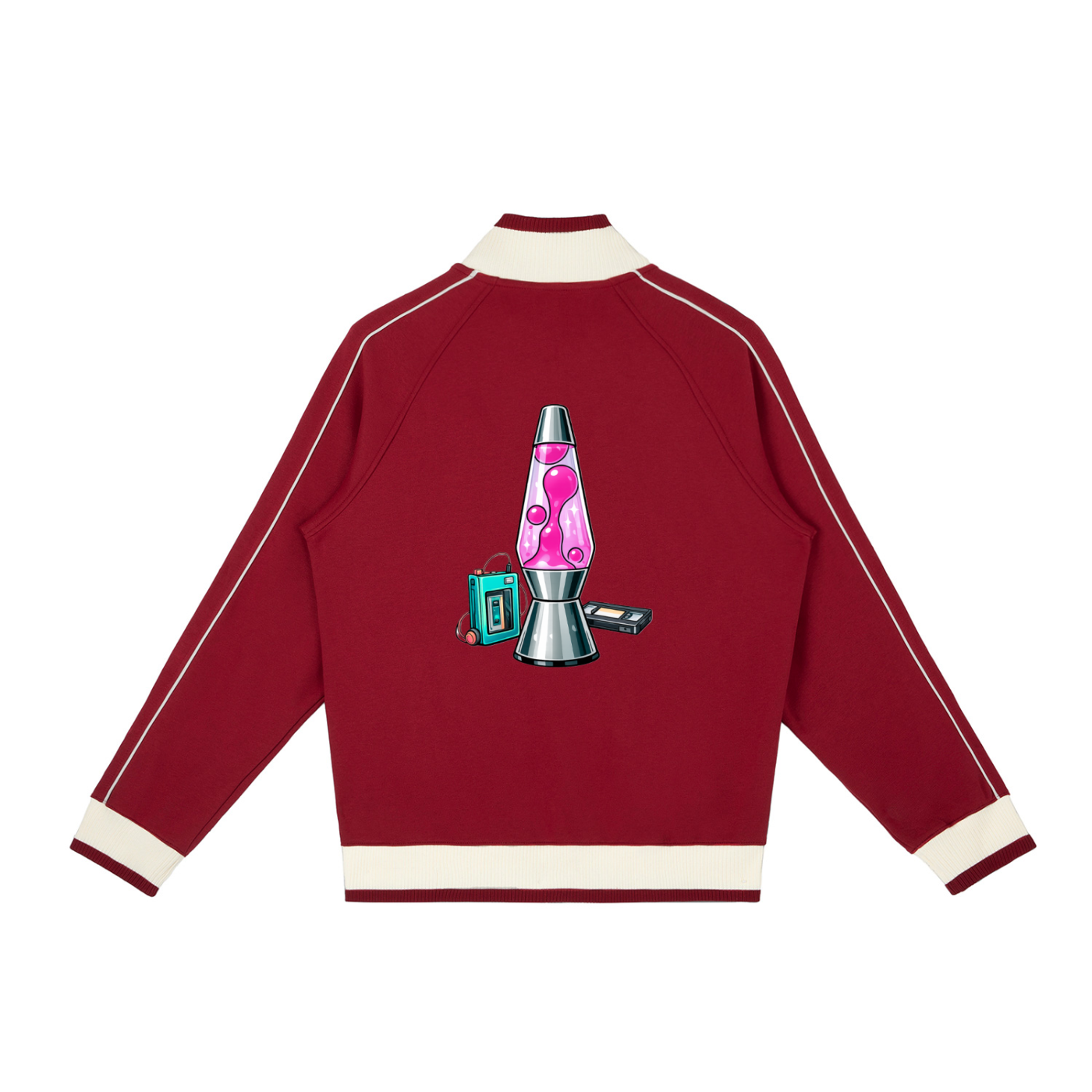 Red sweatshirt with a graphic of a lava lamp on the back against a white background