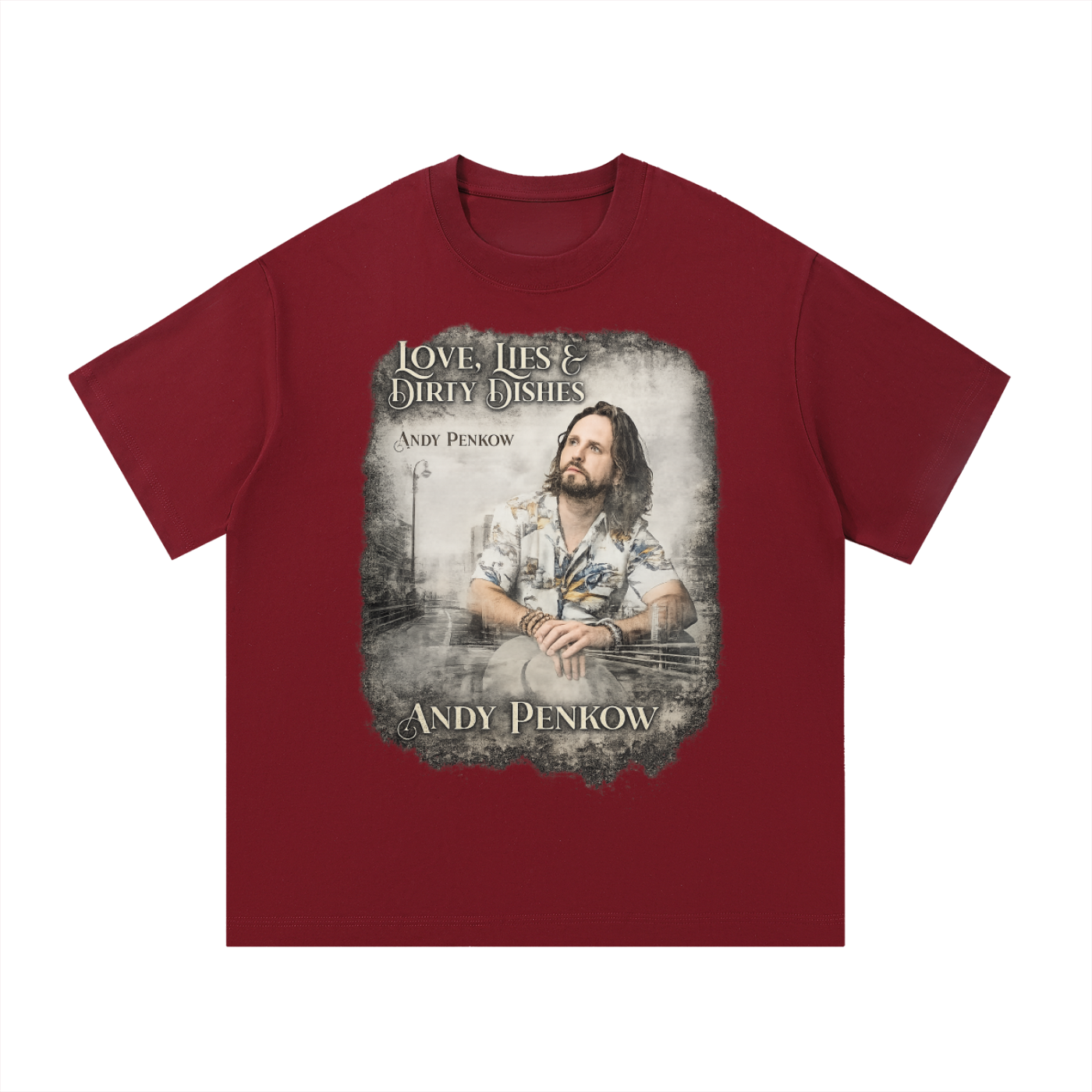 Red t-shirt with graphic of a man and text on a white background