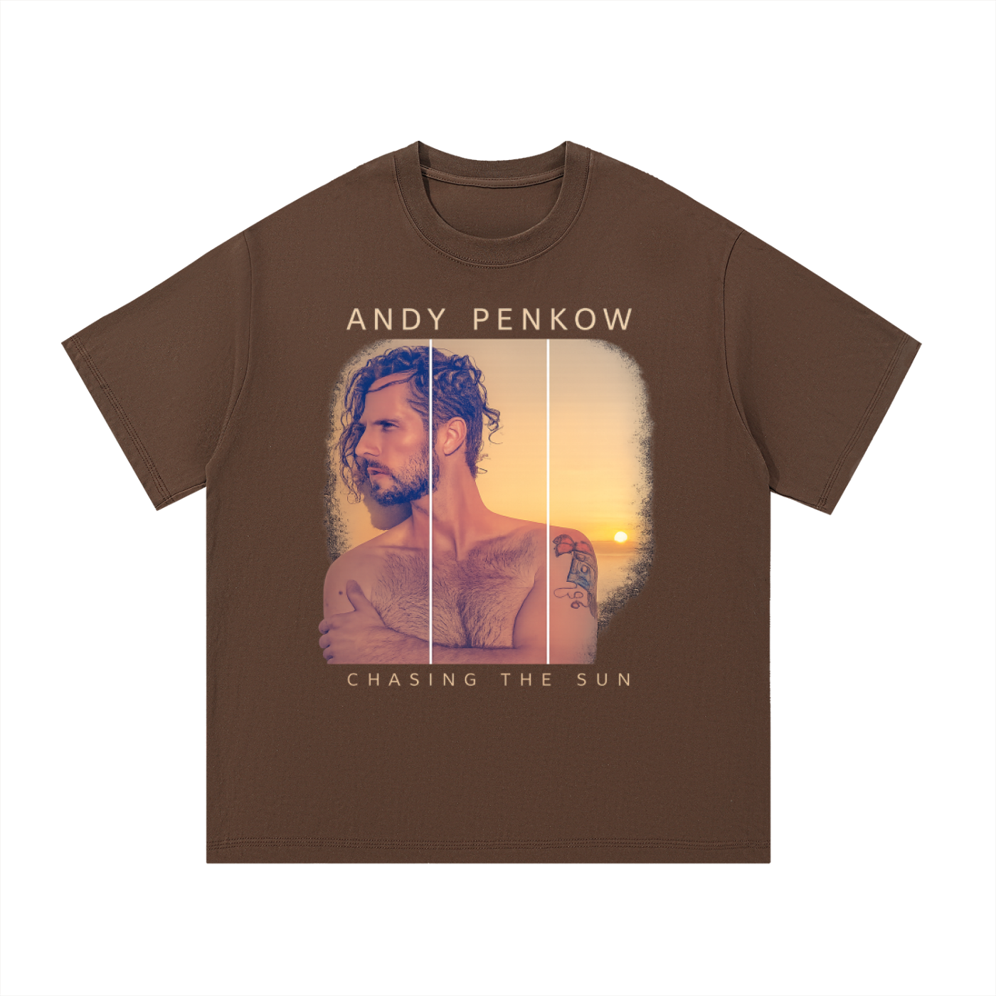 Maroon t-shirt with a graphic of a man and text 'Andy Penkow Chasing the Sun' on a white background