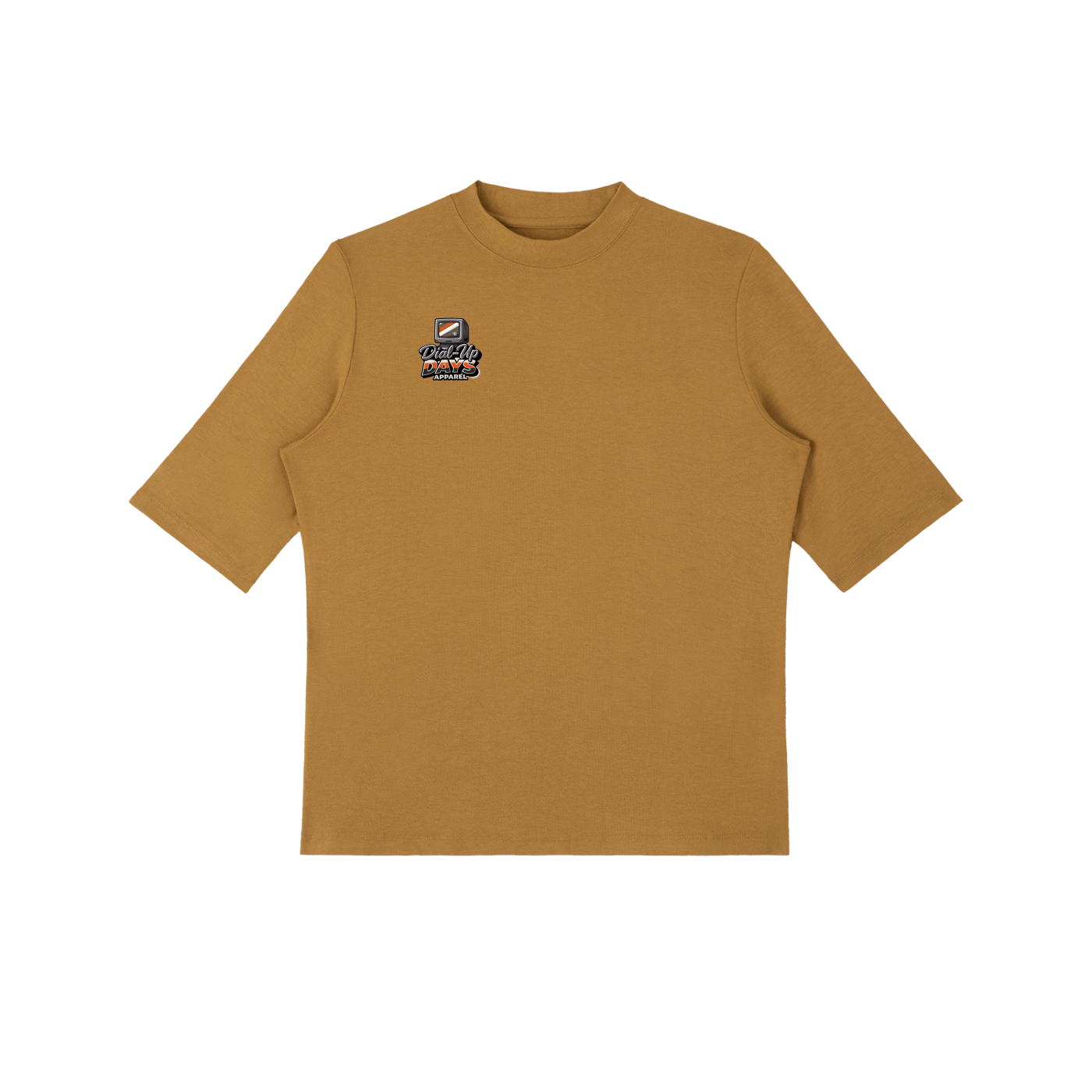 Brown t-shirt with a logo on the chest against a white background