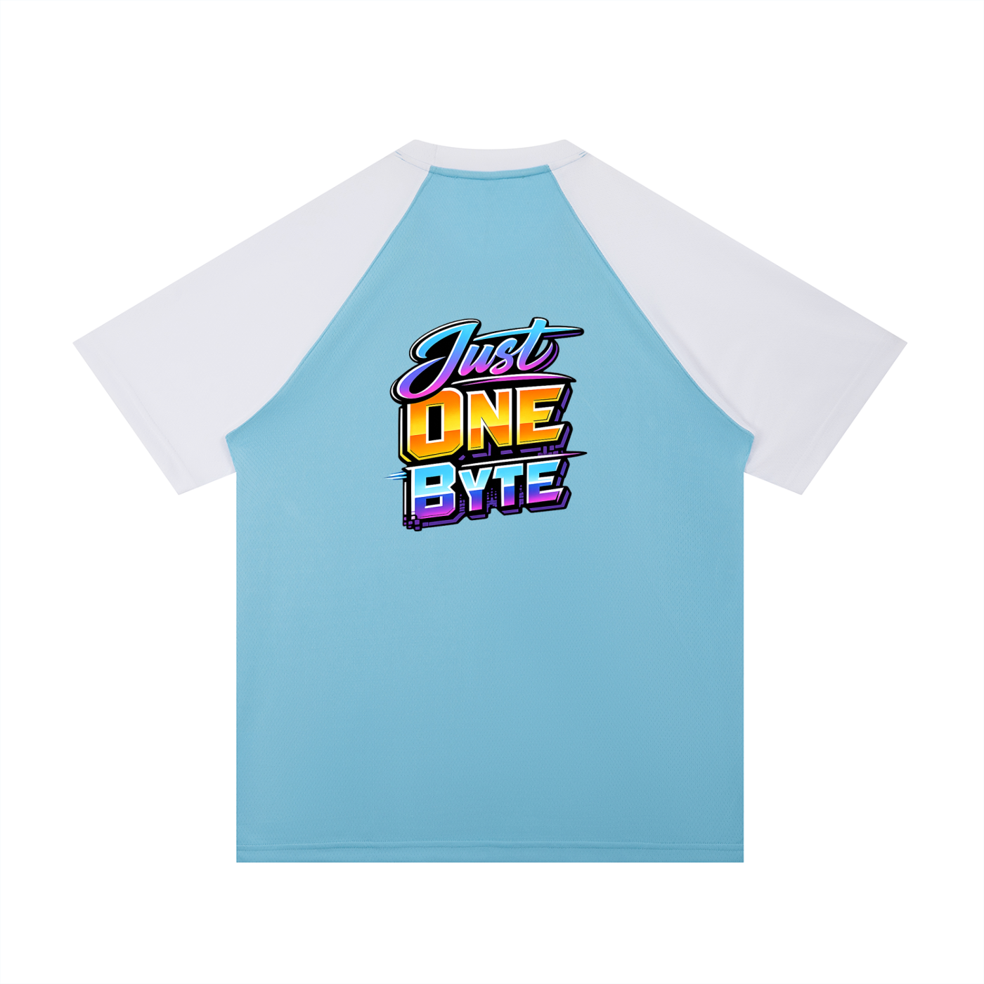 Light blue t-shirt with 'Just One Byte' text design on a white background
