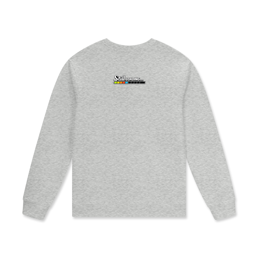 Gray long-sleeve shirt with a logo on the back against a white background