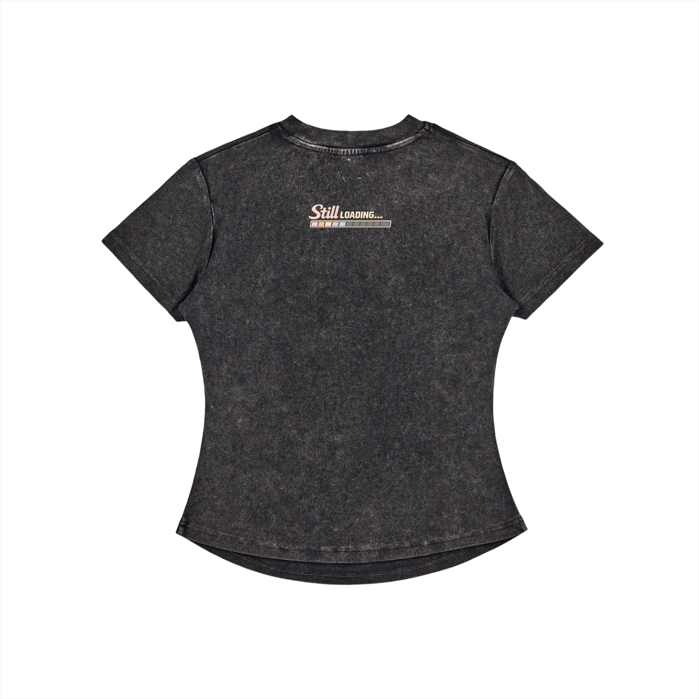 Black t-shirt with 'Still Loading' text on a white background