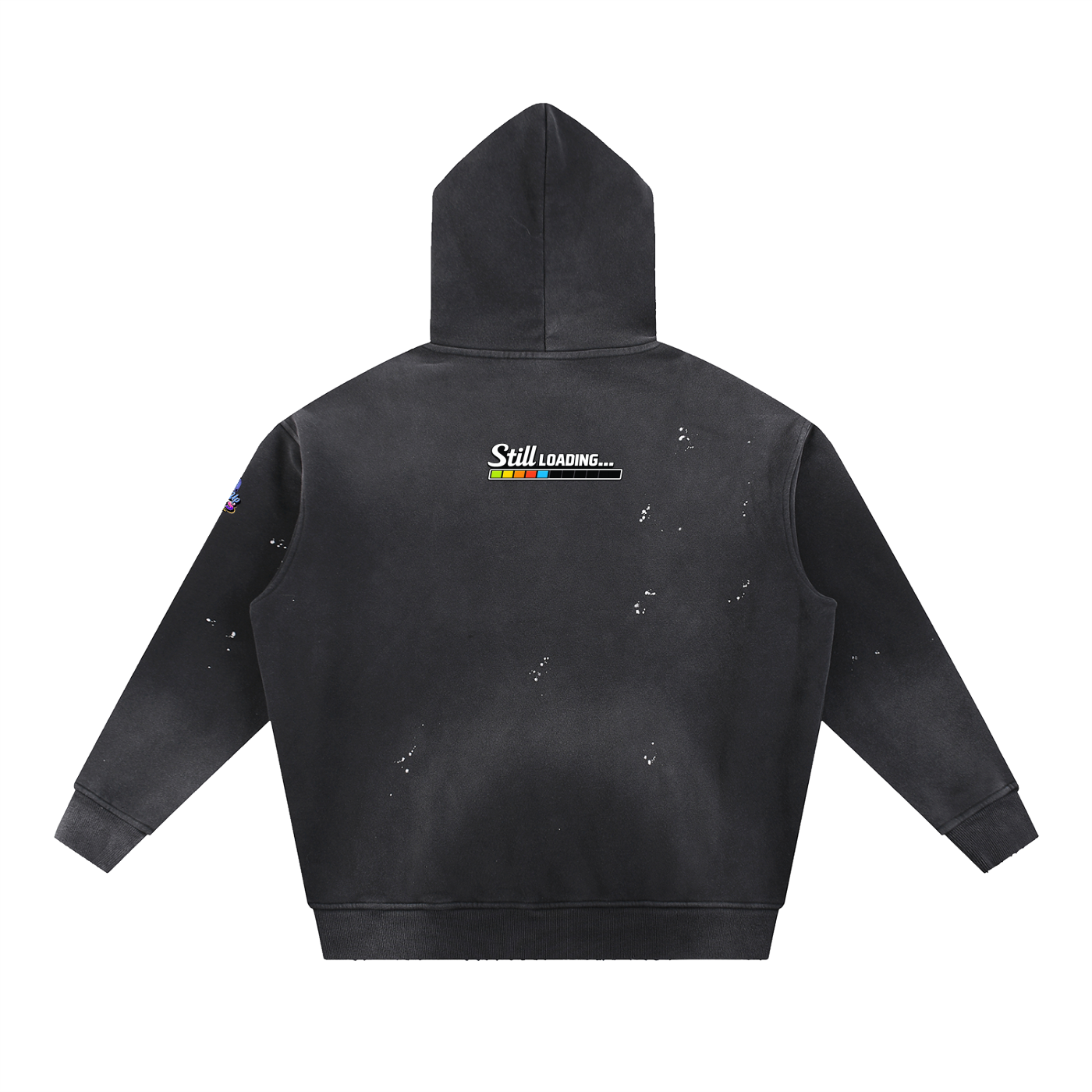 Black hoodie with branding on the back against a white background