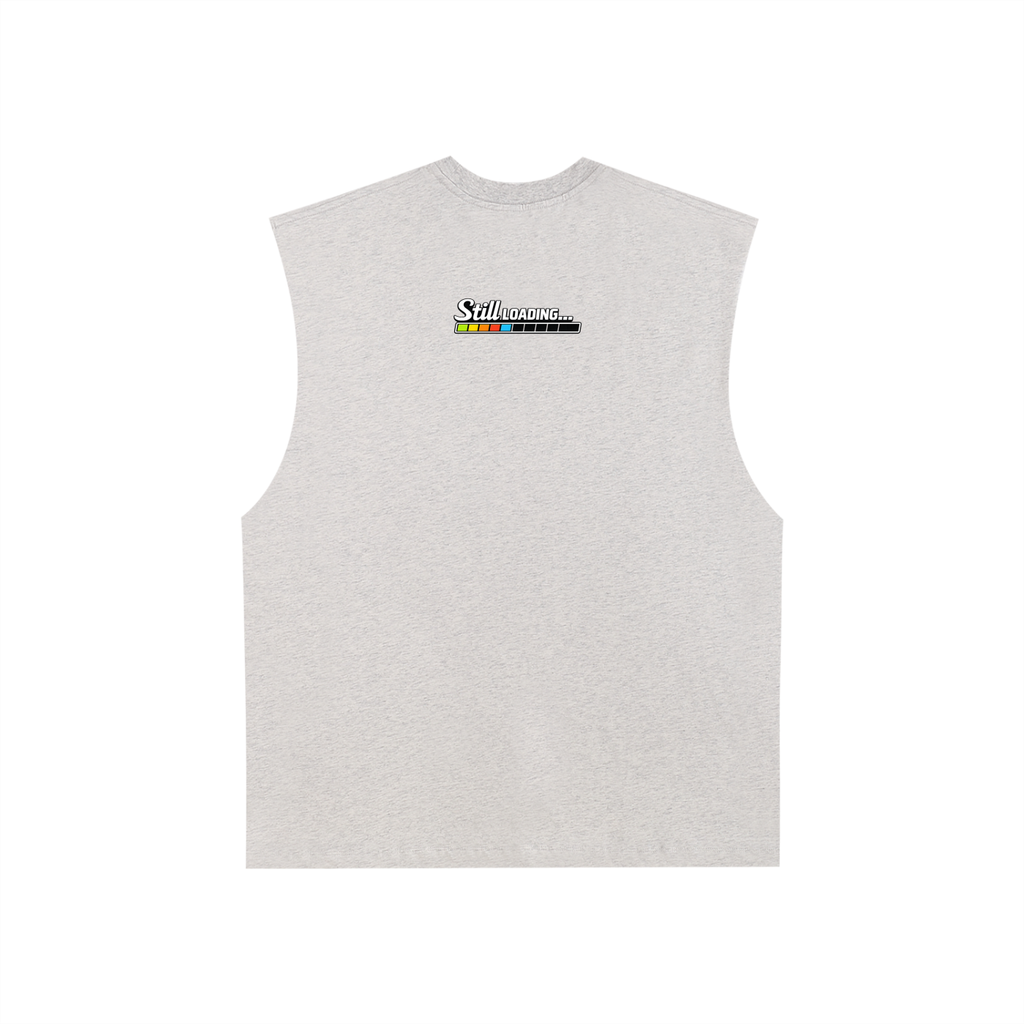 Gray sleeveless shirt with a logo on the back against a white background