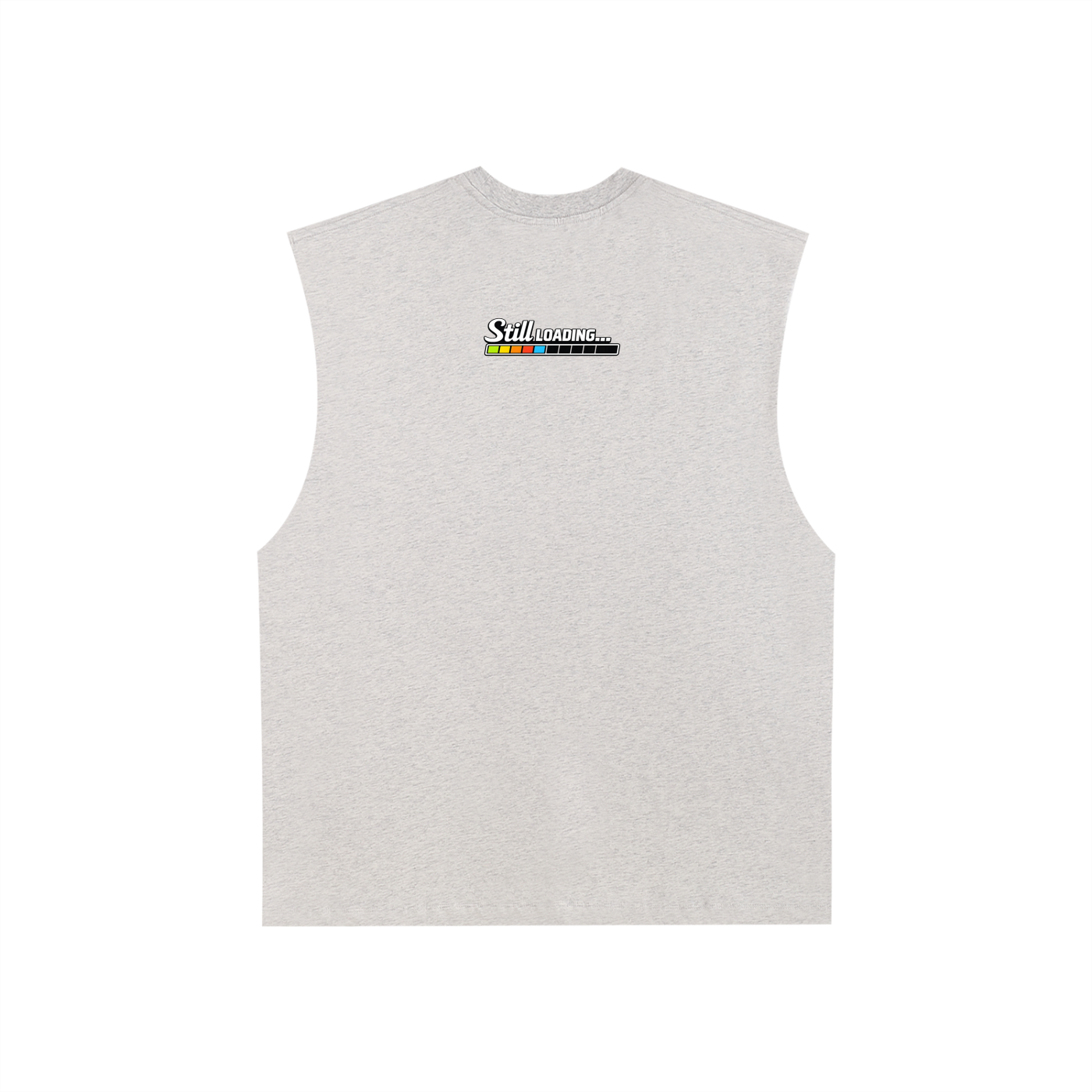Gray sleeveless shirt with a logo on the back against a white background