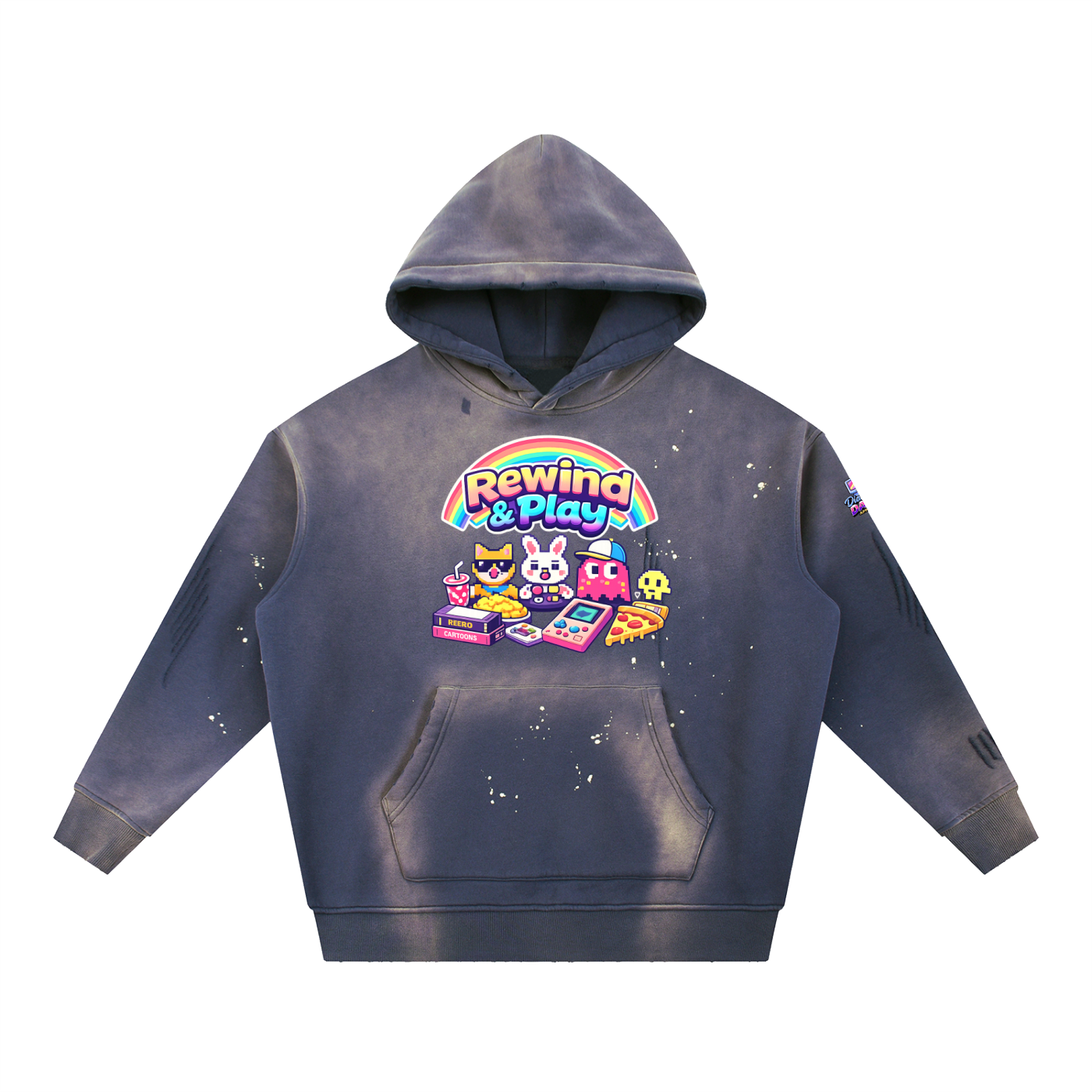 Gray hoodie with 'Rewind & Play' graphic design on a white background