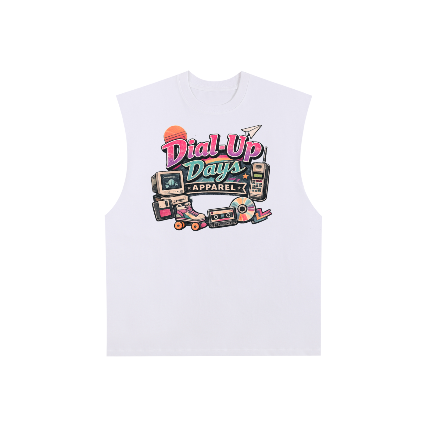 White sleeveless shirt with 'Dial-Up Days Apparel' graphic design on a white background