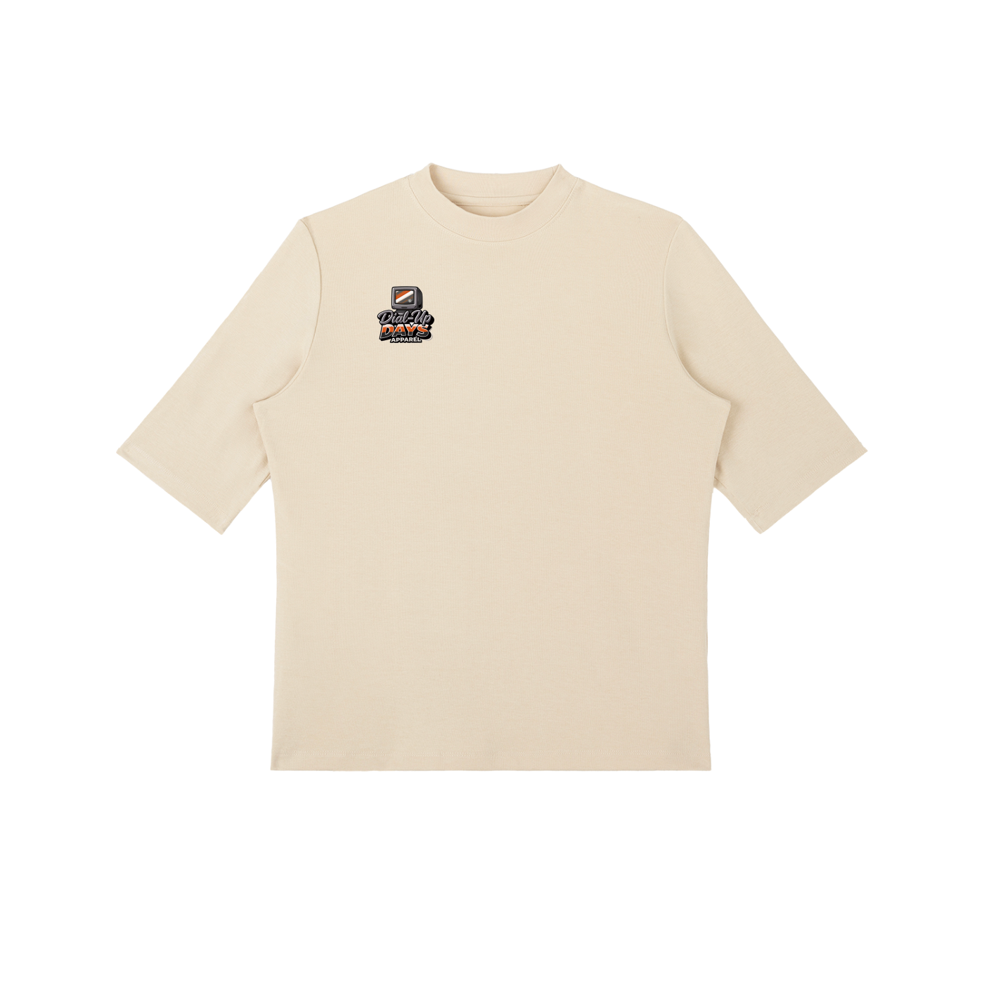 Beige t-shirt with a logo on the chest against a white background
