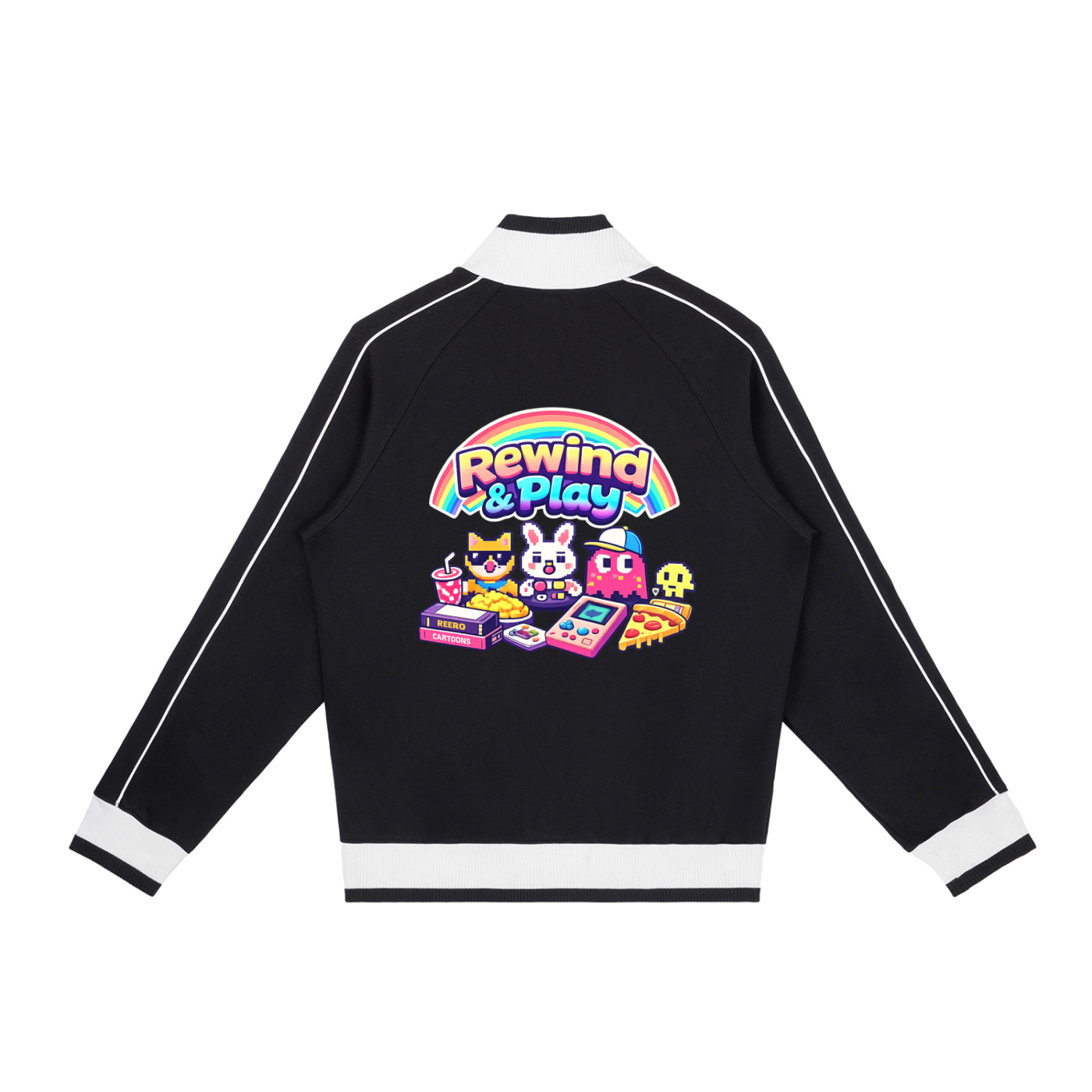Black jacket with colorful 'Rewind & Play' design on a white background