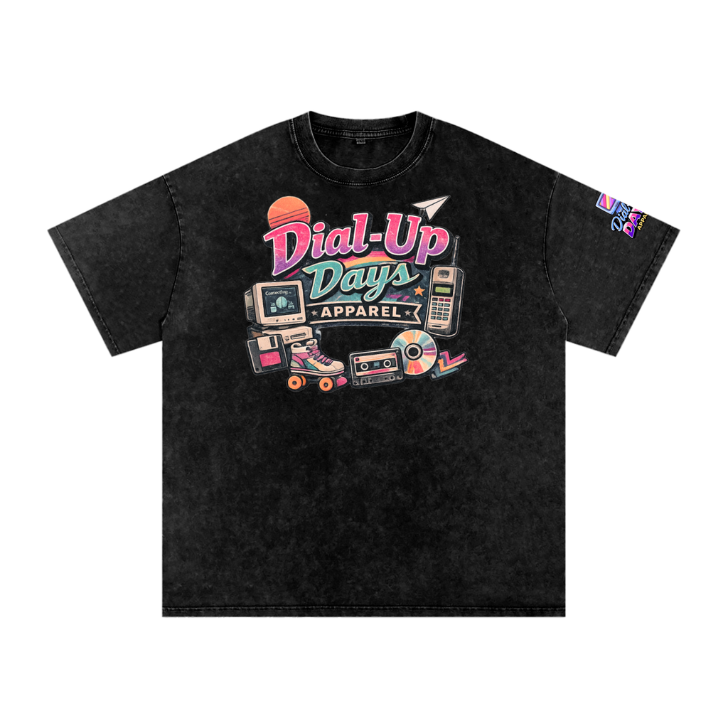 Black t-shirt with 'Dial-Up Days Apparel' graphic design on a white background
