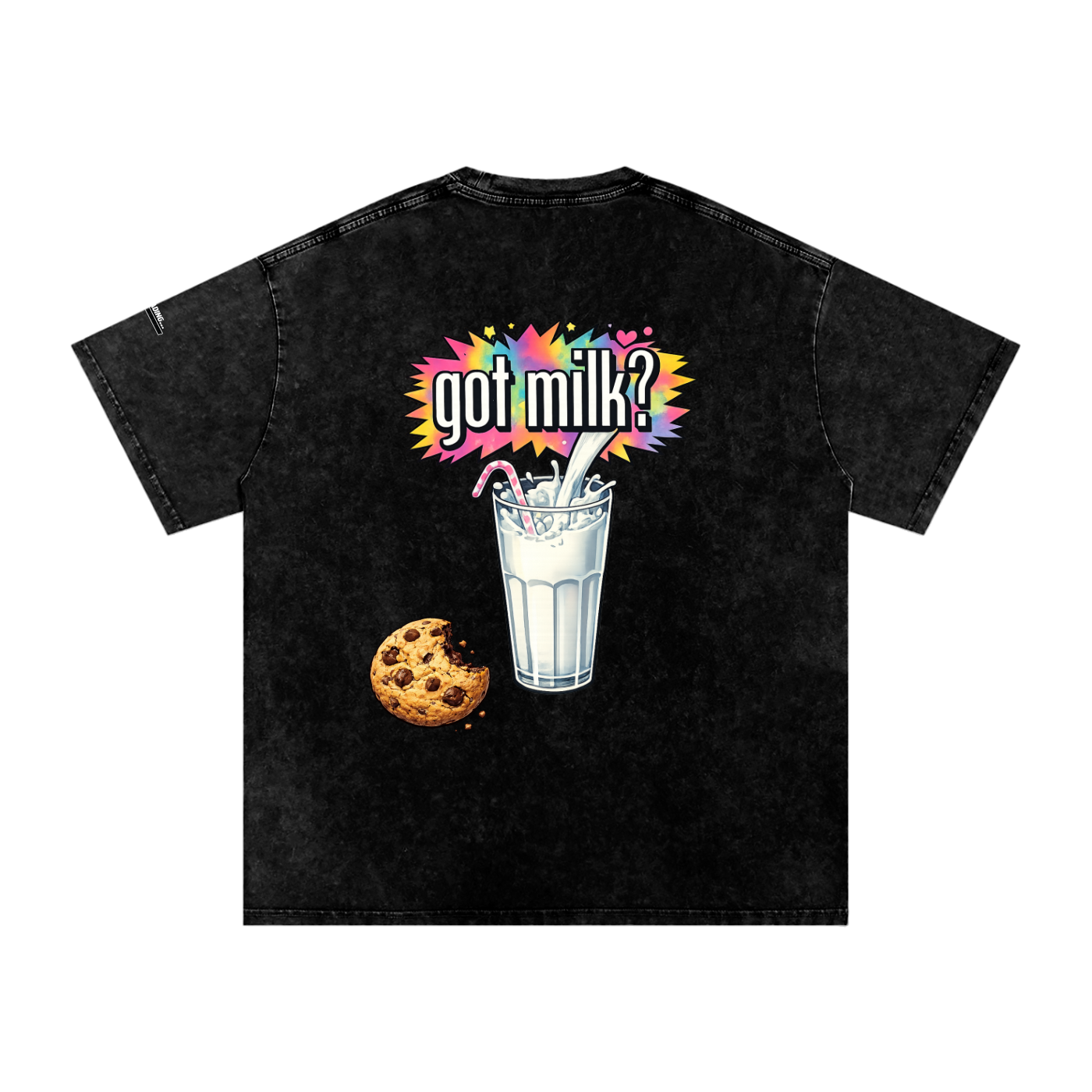 Black t-shirt with 'got milk?' graphic featuring a glass of milk and cookie on a white background