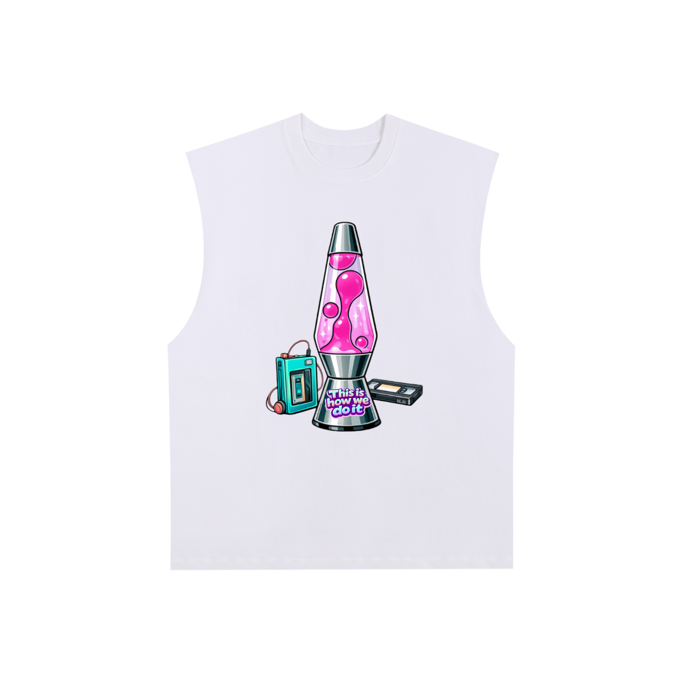White sleeveless top with a pink lava lamp graphic on a white background