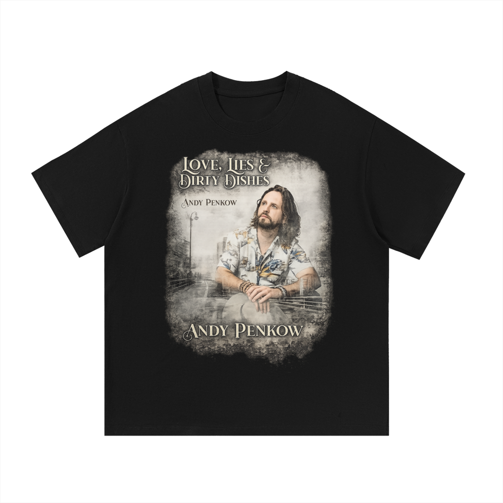 Black t-shirt with graphic design featuring a person and text on a white background