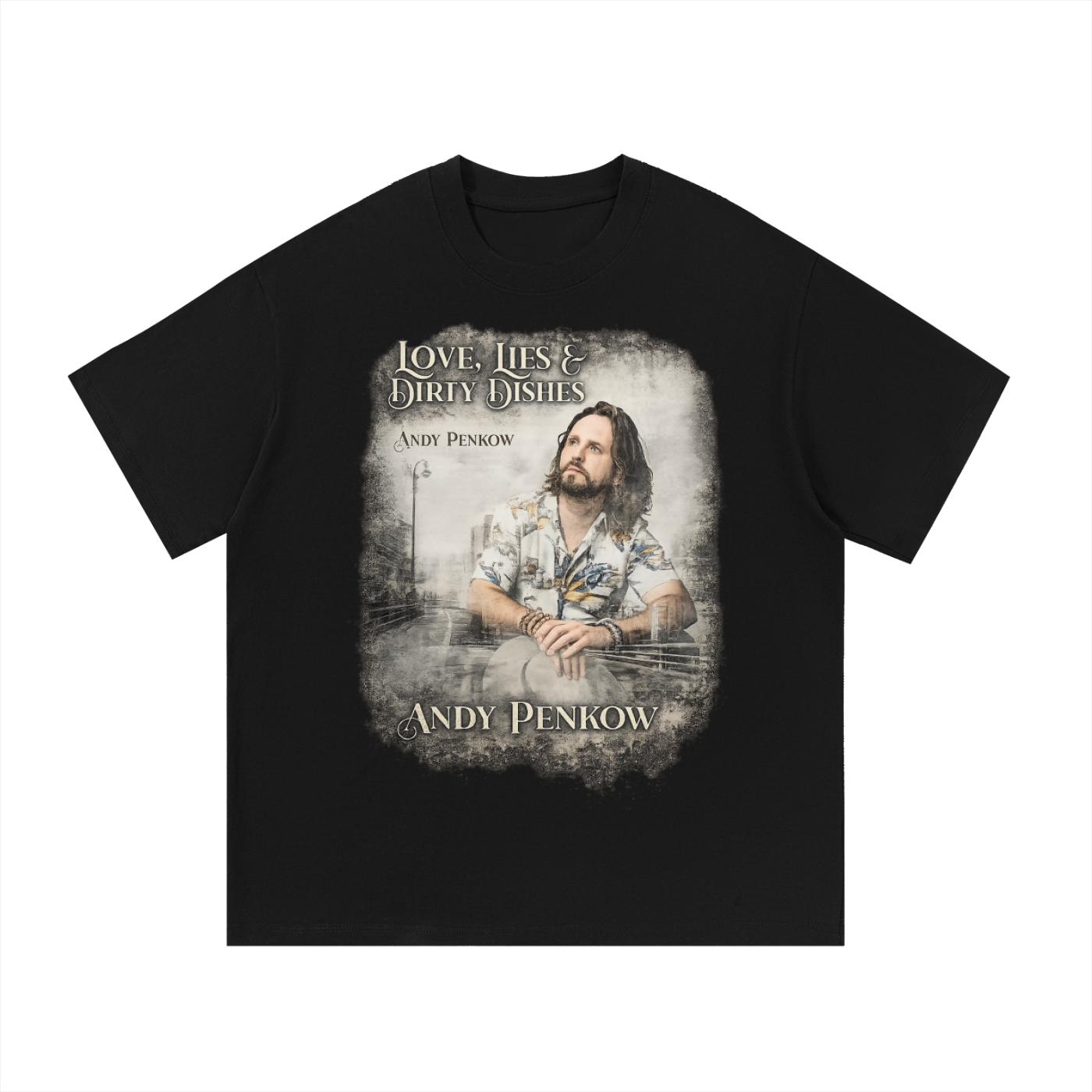 Black t-shirt with graphic design featuring a person and text on a white background