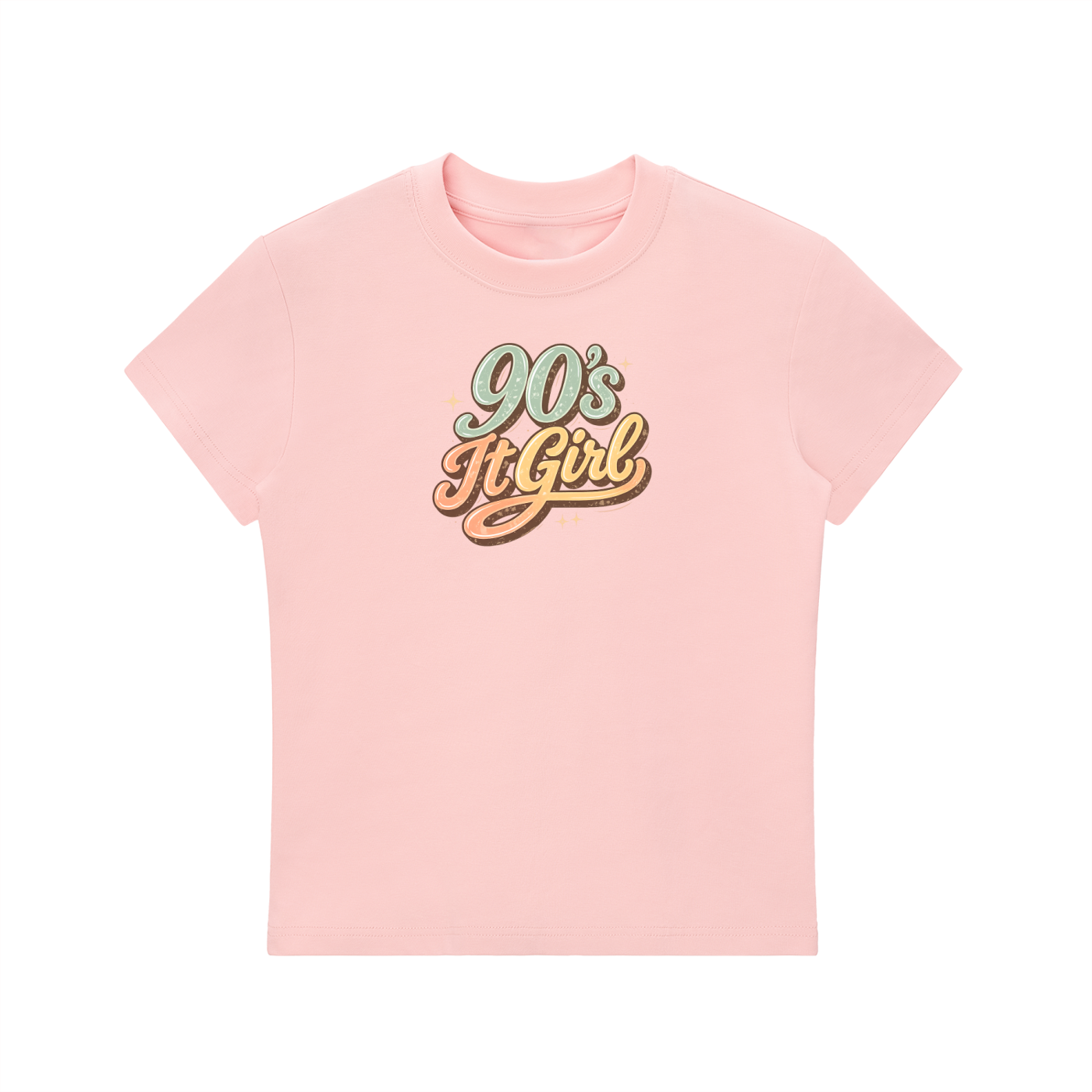 Pink t-shirt with '90s It Girl' text on a white background
