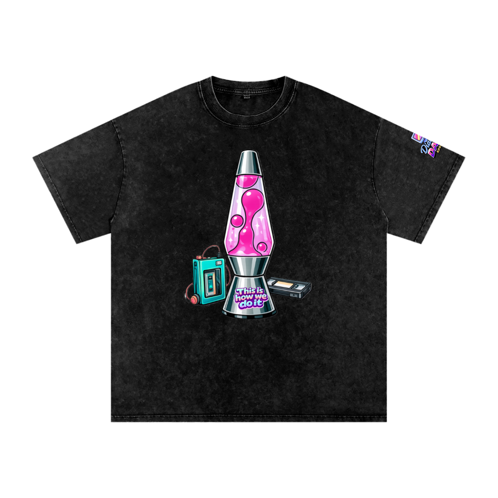 Black t-shirt with a colorful lava lamp graphic on a white background