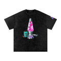 Black t-shirt with a colorful lava lamp graphic on a white background