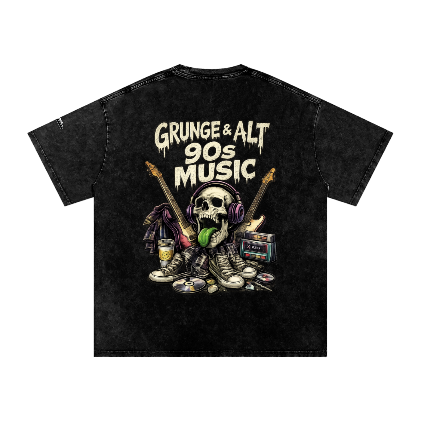 Black t-shirt with a graphic design of a skull, guitars, and text 'Grunge & Alt 90s Music' on a white background.