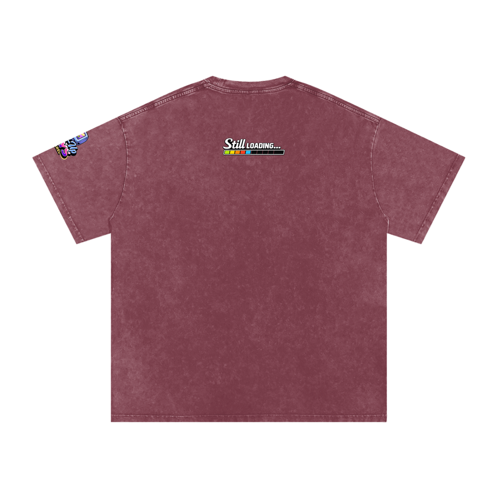 Maroon t-shirt with 'Still Loading...' graphic on a white background