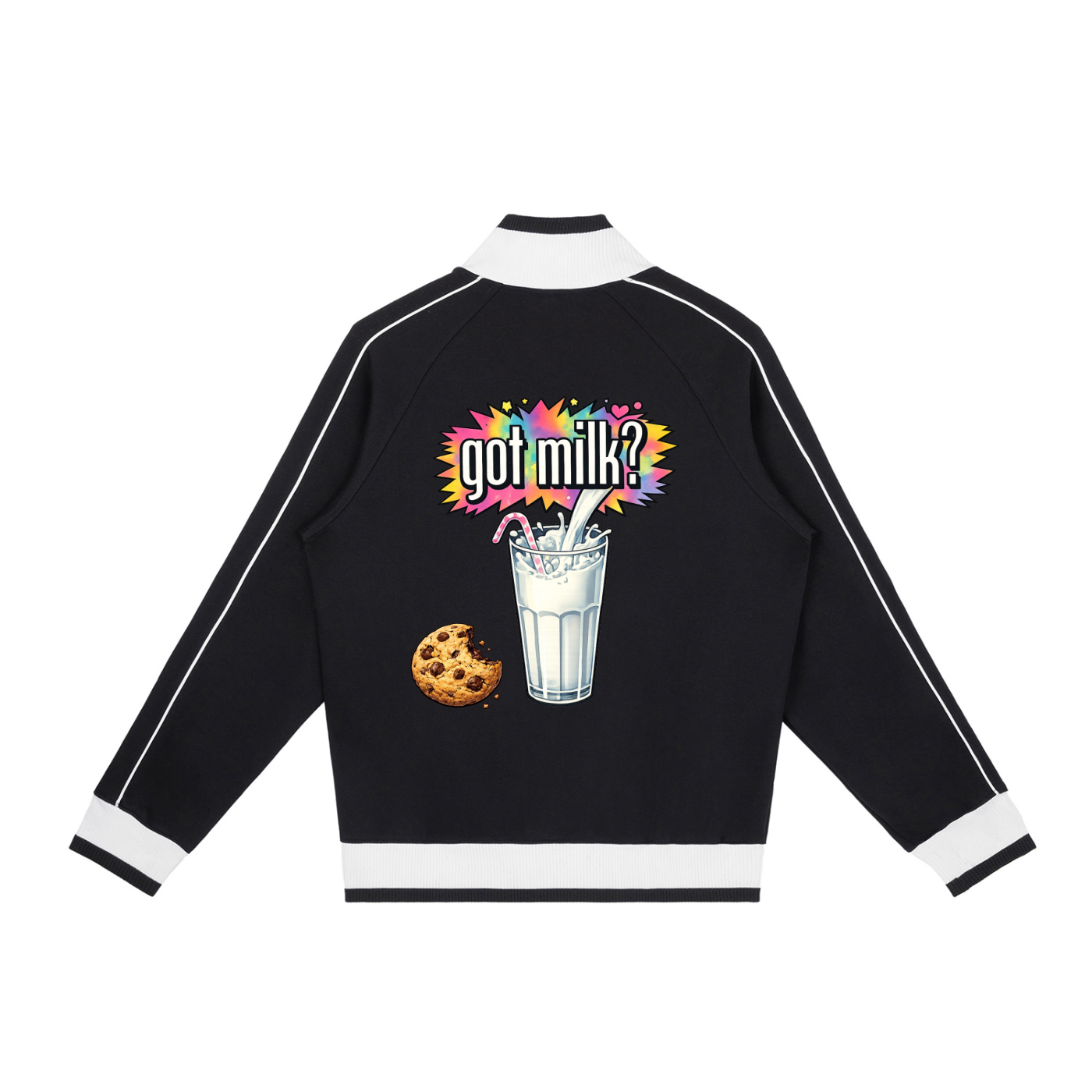 Black jacket with colorful 'got milk?' graphic on a white background