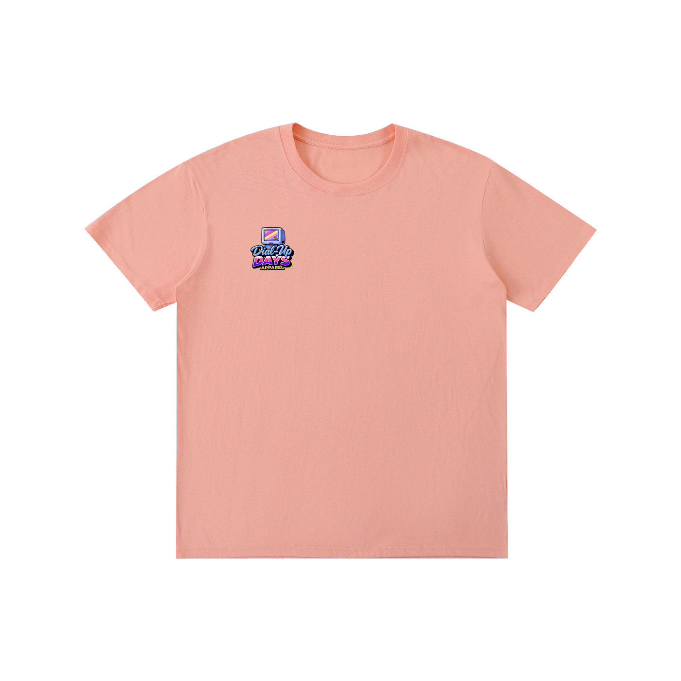 Peach-colored t-shirt with a logo on the chest against a white background