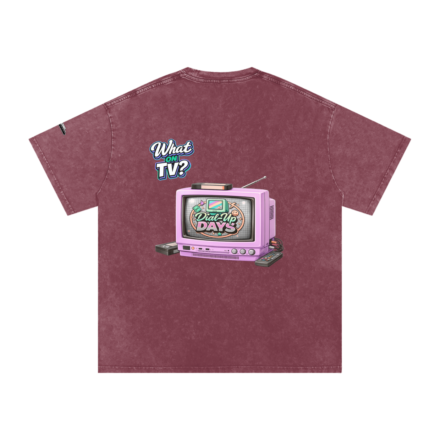 Maroon t-shirt with a retro TV graphic and text on the back