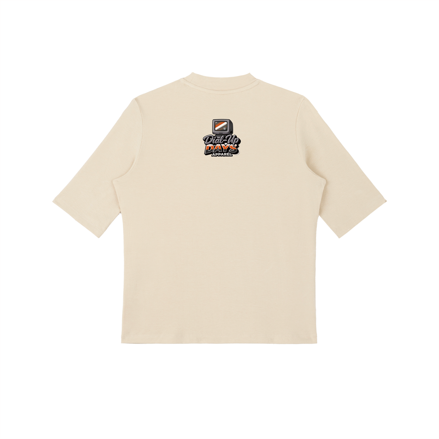 Beige t-shirt with a logo on the back against a white background