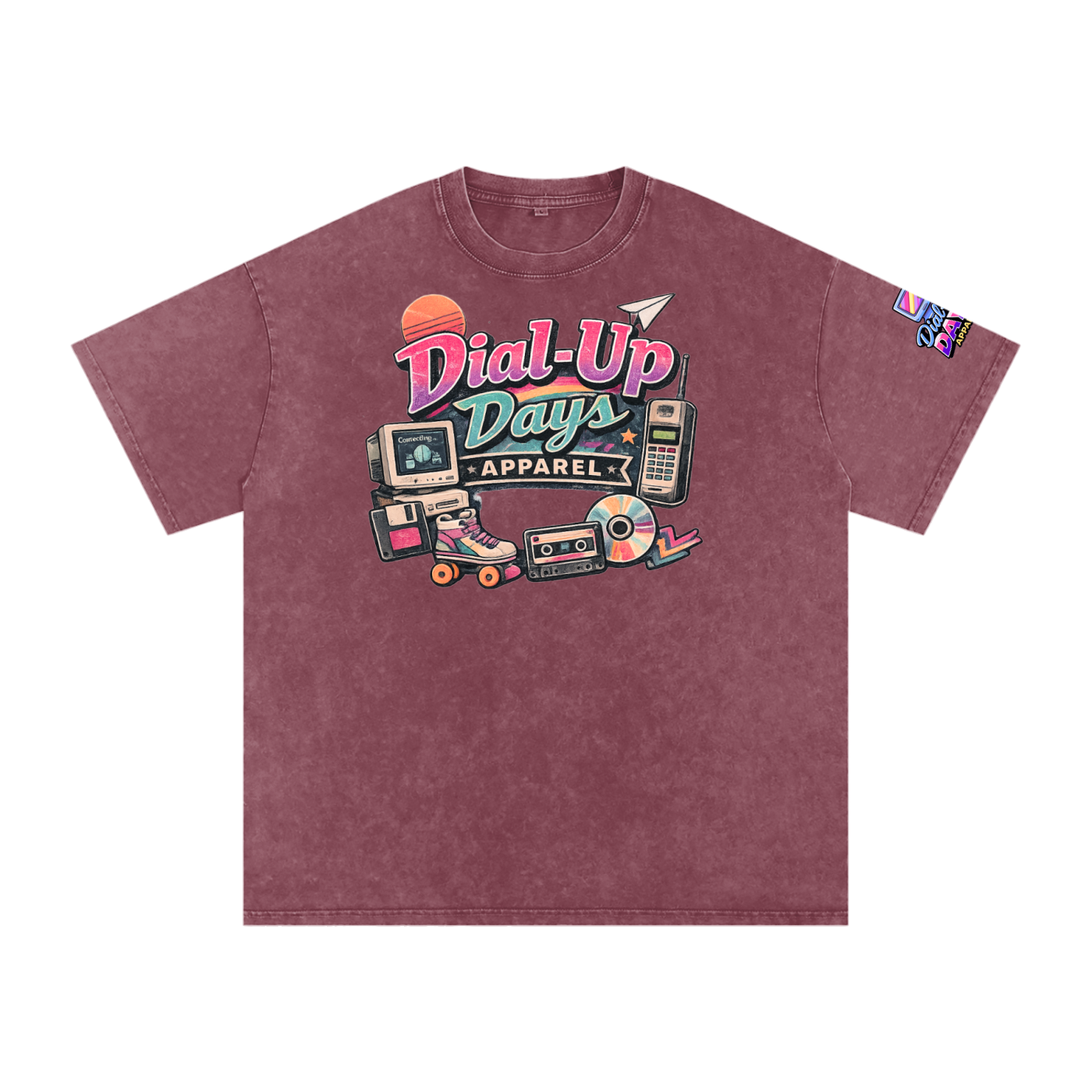 Maroon t-shirt with 'Dial-Up Days Apparel' graphic on a white background