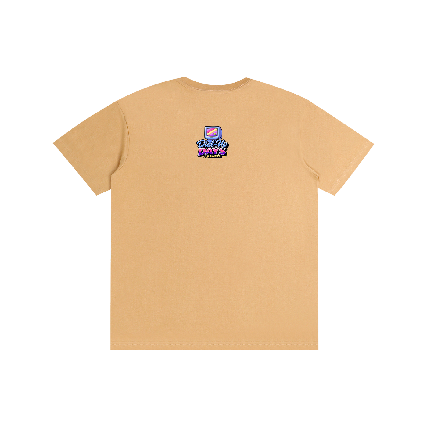 Beige t-shirt with a logo on the chest against a white background